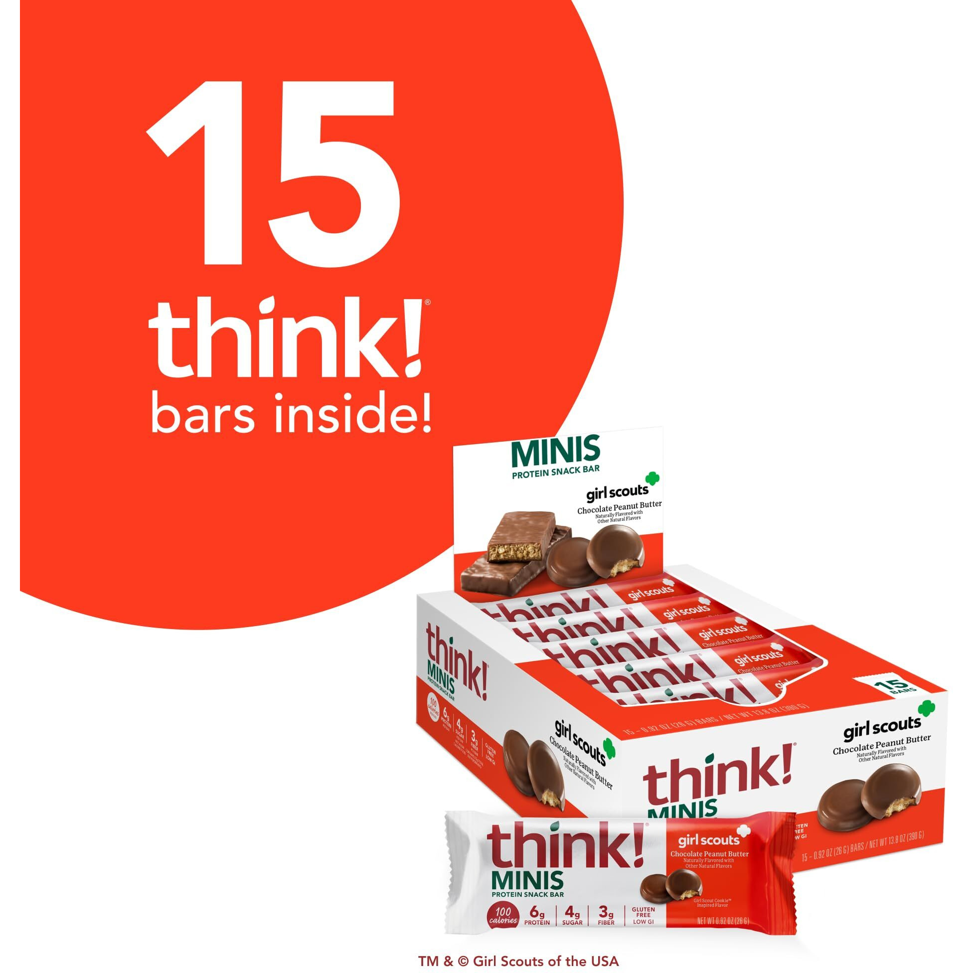 Think Minis Protein Snack Bars, Gluten Free, Girl Scouts Chocolate Peanut Butter, 15 Count