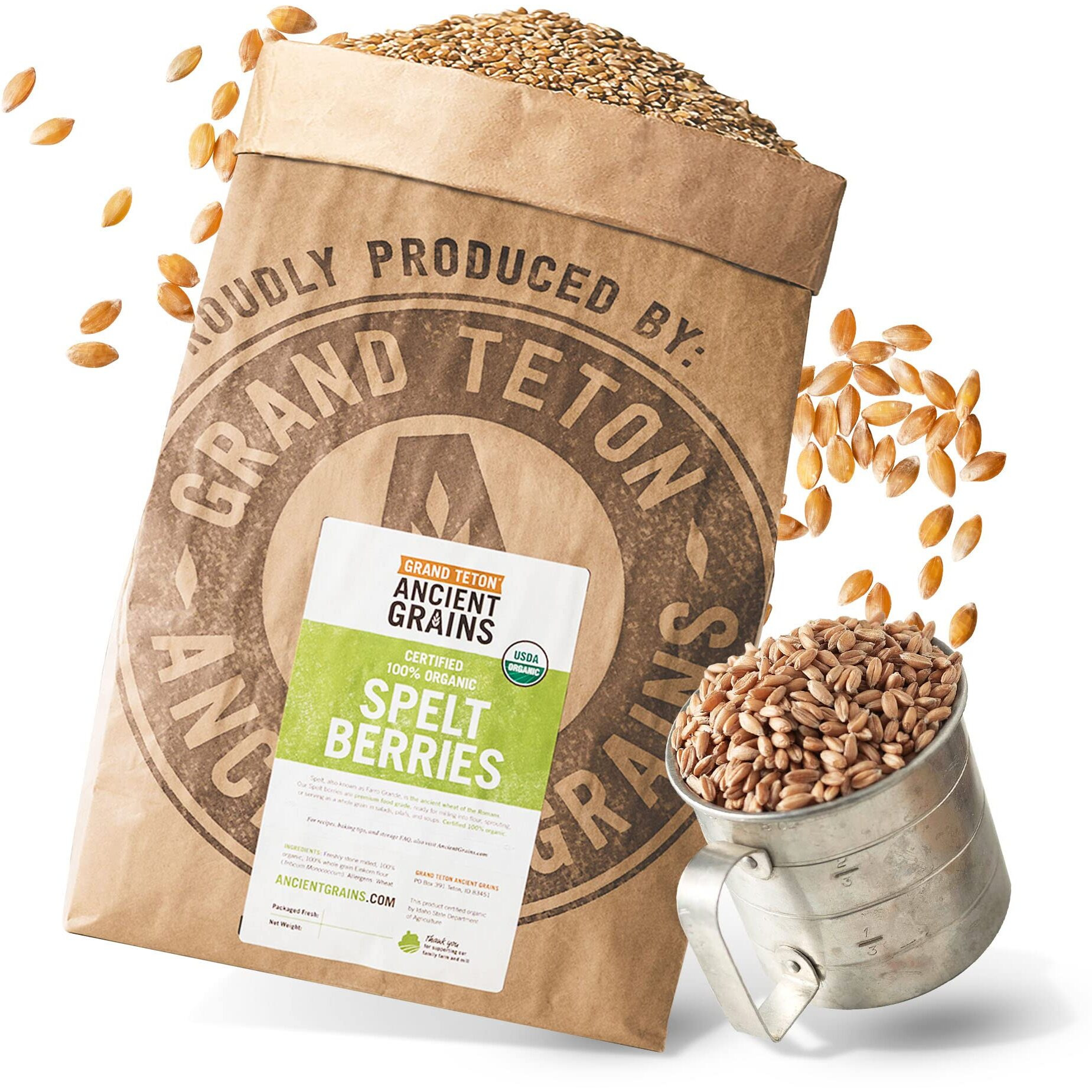 Grand Teton Ancient Grains - 100% Organic Spelt Berries, Whole Unmilled Spelt Berries, Us-Grown Farro Organic Grain, Nutritious Baking Staple, Whole Grain Spelt In Brown Paper Bag, 25 Lbs