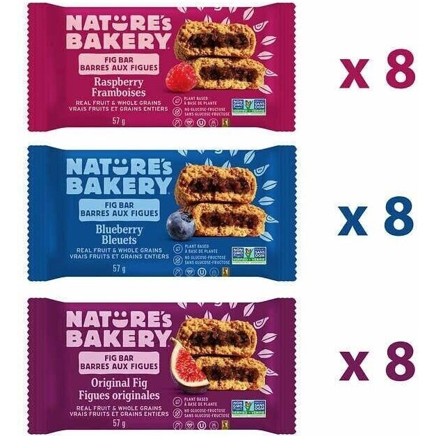 Nature's Bakery Whole Wheat Fig Bars, Variety Pack (8- Blueberry, 8- Original Fig, 8-Raspberry), 1- 24 Count Box Of 2 Oz Twin Packs (24 Packs), Vegan Snacks, Non-Gmo