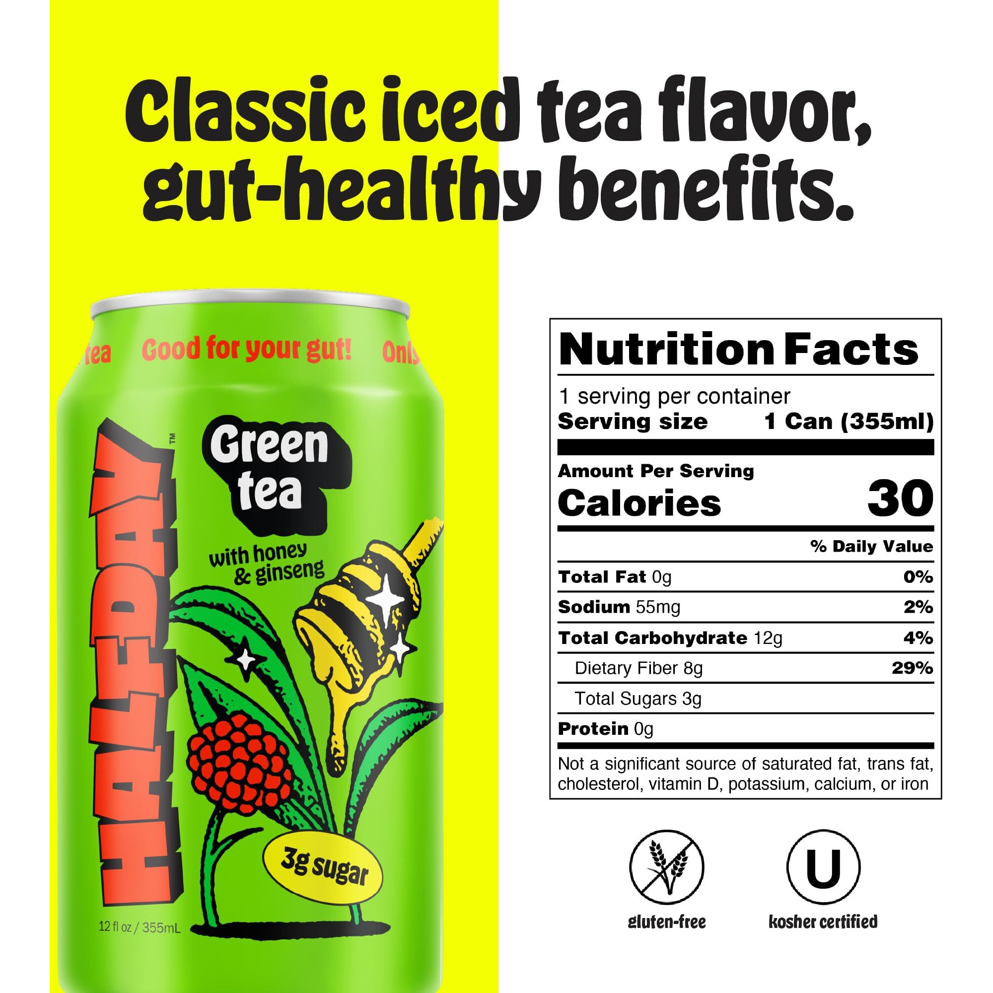 Halfday Prebiotic Green Tea With Honey And Ginseng 12-Pack - Nostalgic Flavor, Low Sugar, Incredible Taste - Paleo, Gluten Free, Drinks For Gut Health - Lightly Sweetened, Healthy Canned Iced Tea - 12