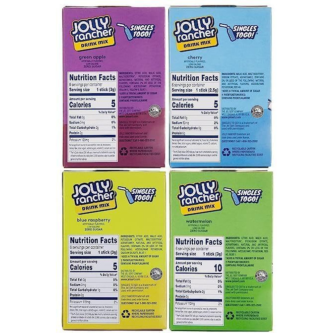 Jolly Rancher Singles To Go Drink Mix Watertok Bundle - Blue Raspberry, Green Apple, Watermelon And Cherry Drink Mix