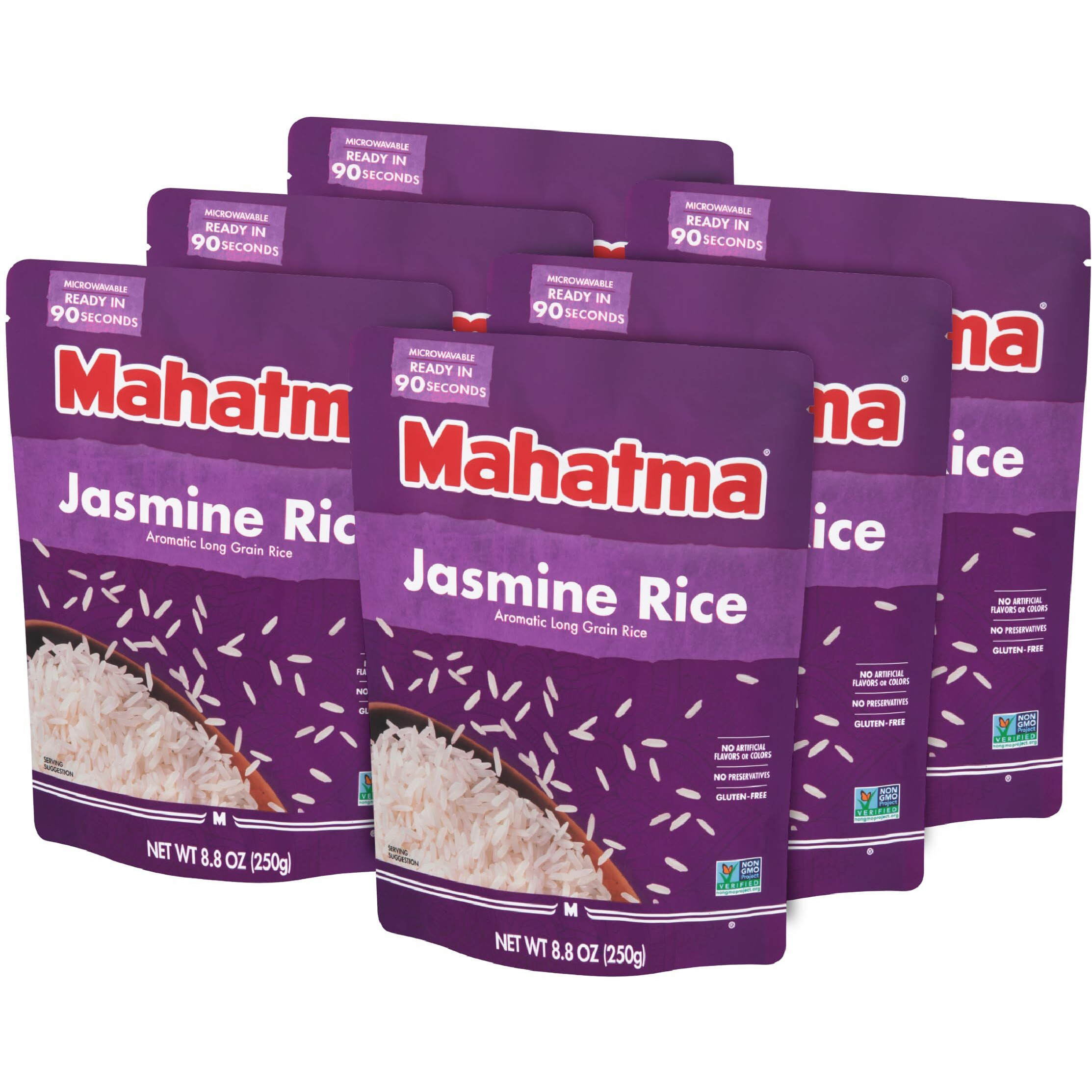 Mahatma Ready To Heat Jasmine Rice, Precooked Rice, Microwaveable In 90 Seconds, Six 8.8-Ounce Bags