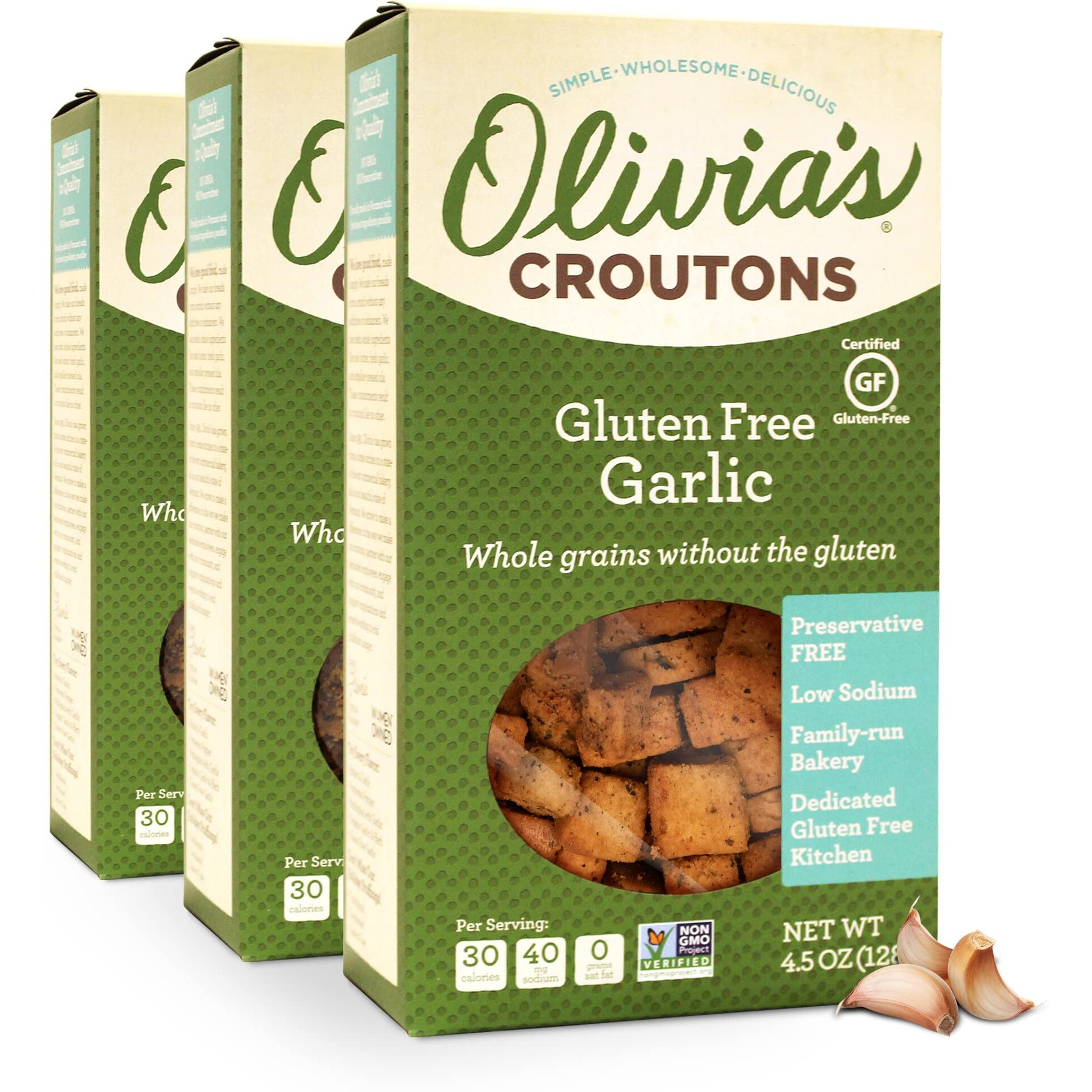 Olivias Gluten Free Croutons For Salad - Crunchy Garlic Soup Crouton - Made From Seasoned Ancient Grain Gluten-Free Artisan Bread - Dairy Free, Vegetarian, Made In Usa, 4.5 Oz (Pack Of 3)