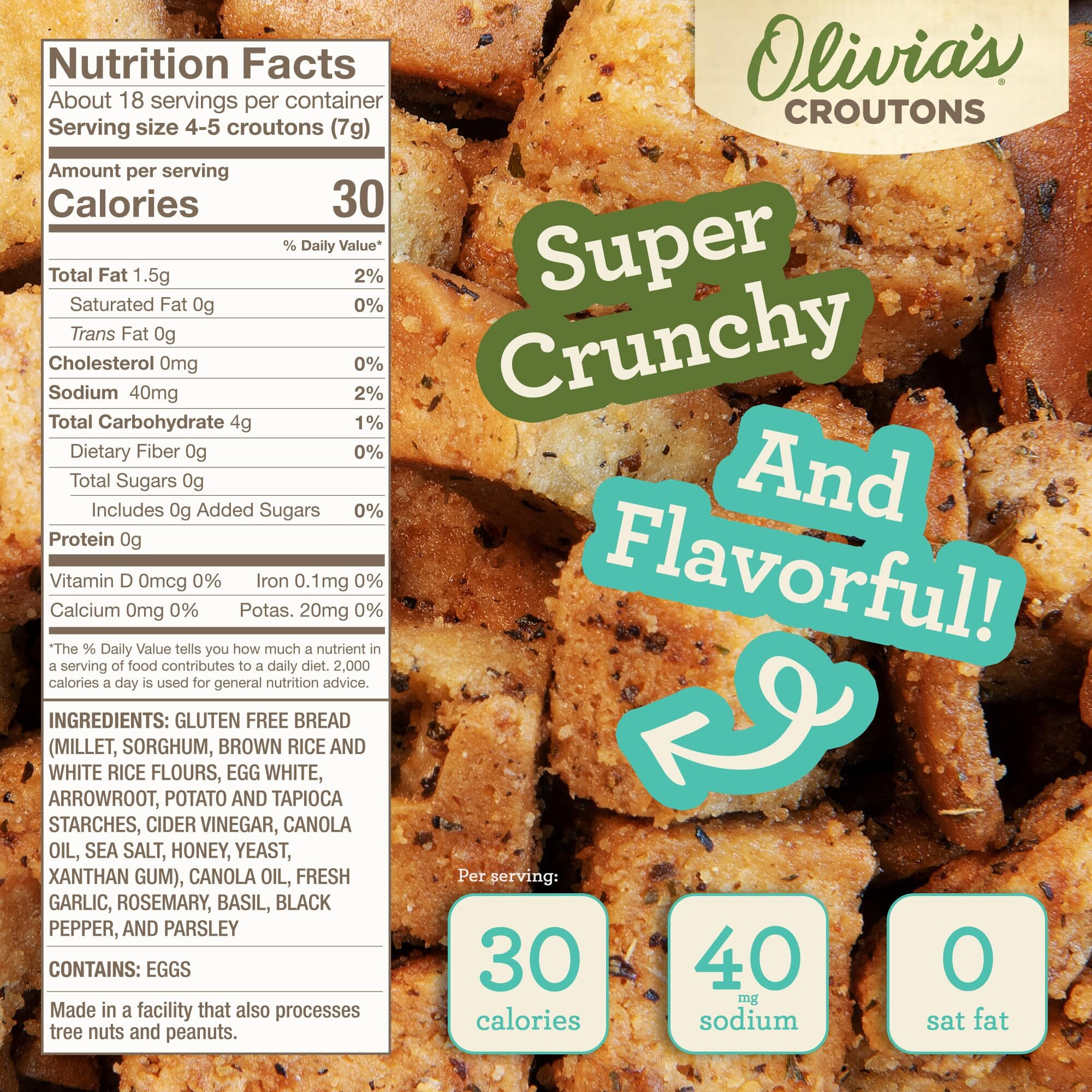 Olivias Gluten Free Croutons For Salad - Crunchy Garlic Soup Crouton - Made From Seasoned Ancient Grain Gluten-Free Artisan Bread - Dairy Free, Vegetarian, Made In Usa, 4.5 Oz (Pack Of 3)