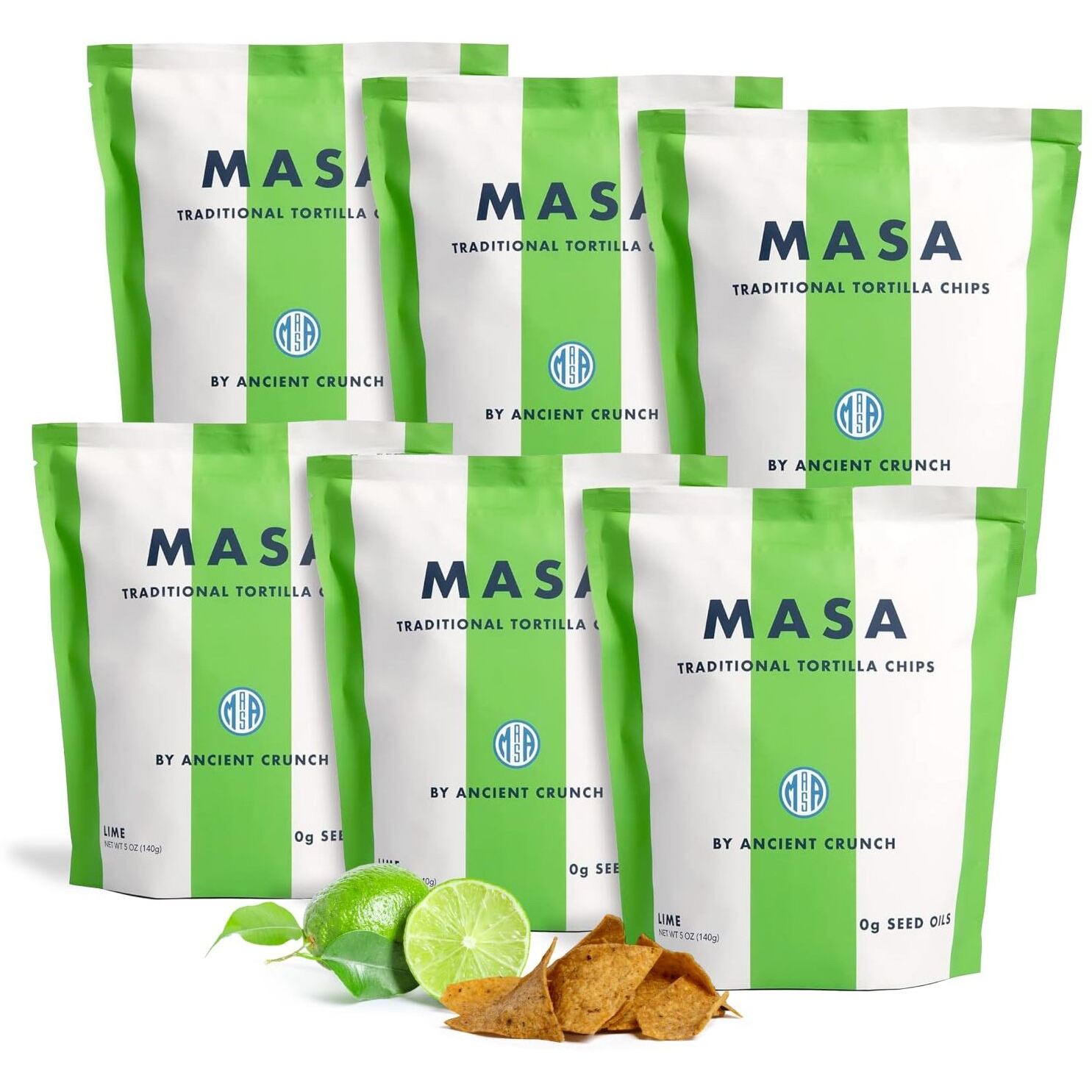 Masa Chips - Lime Flavored Tortilla Chips, Handmade Corn Chips & Crisps - Naturally Grown Yellow Corn, Grass Fed Tallow & Sea Salt Tortilla Chips - Seed-Oil Free Tortilla Chips - 6 Pack, 5 Ounce Each