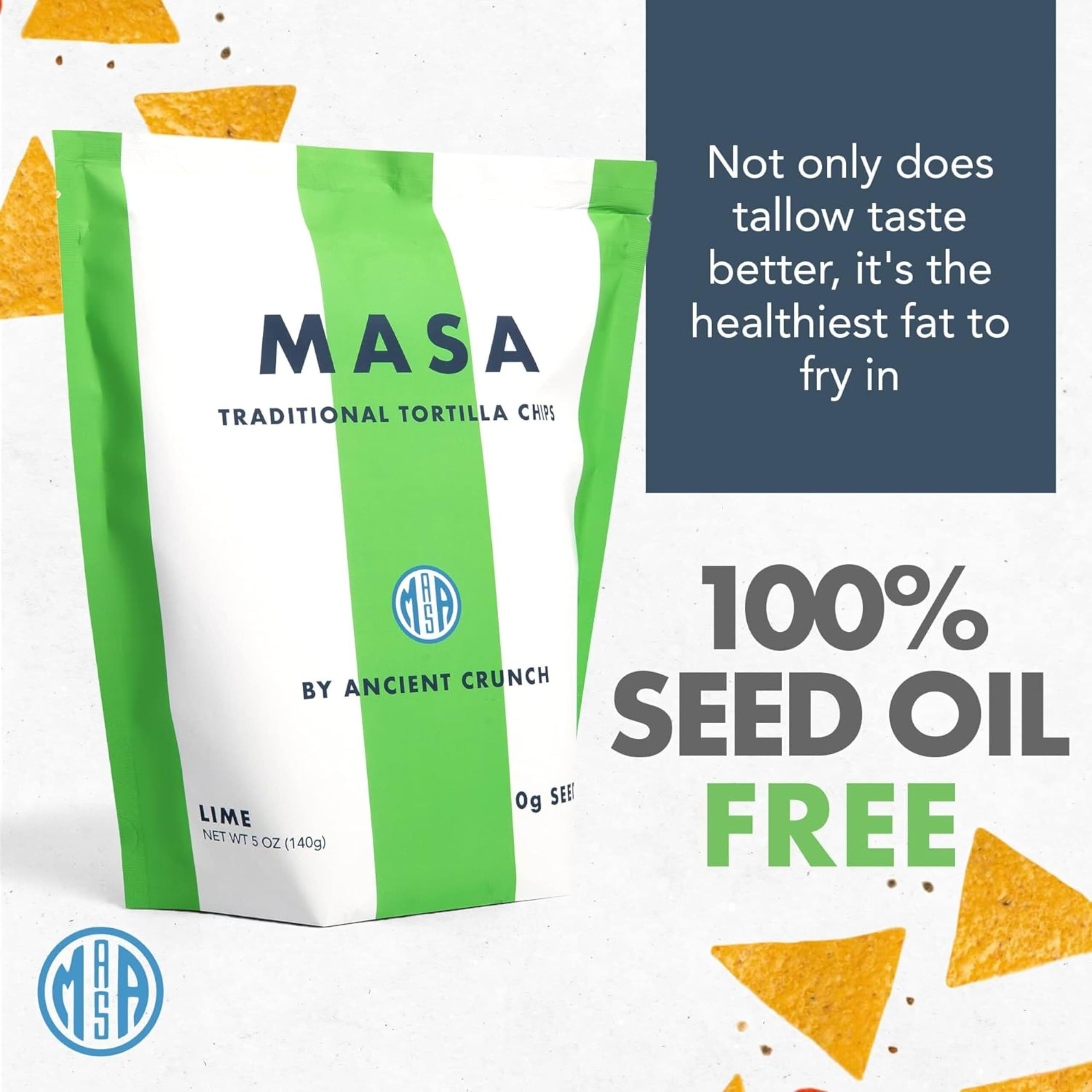 Masa Chips - Lime Flavored Tortilla Chips, Handmade Corn Chips & Crisps - Naturally Grown Yellow Corn, Grass Fed Tallow & Sea Salt Tortilla Chips - Seed-Oil Free Tortilla Chips - 6 Pack, 5 Ounce Each