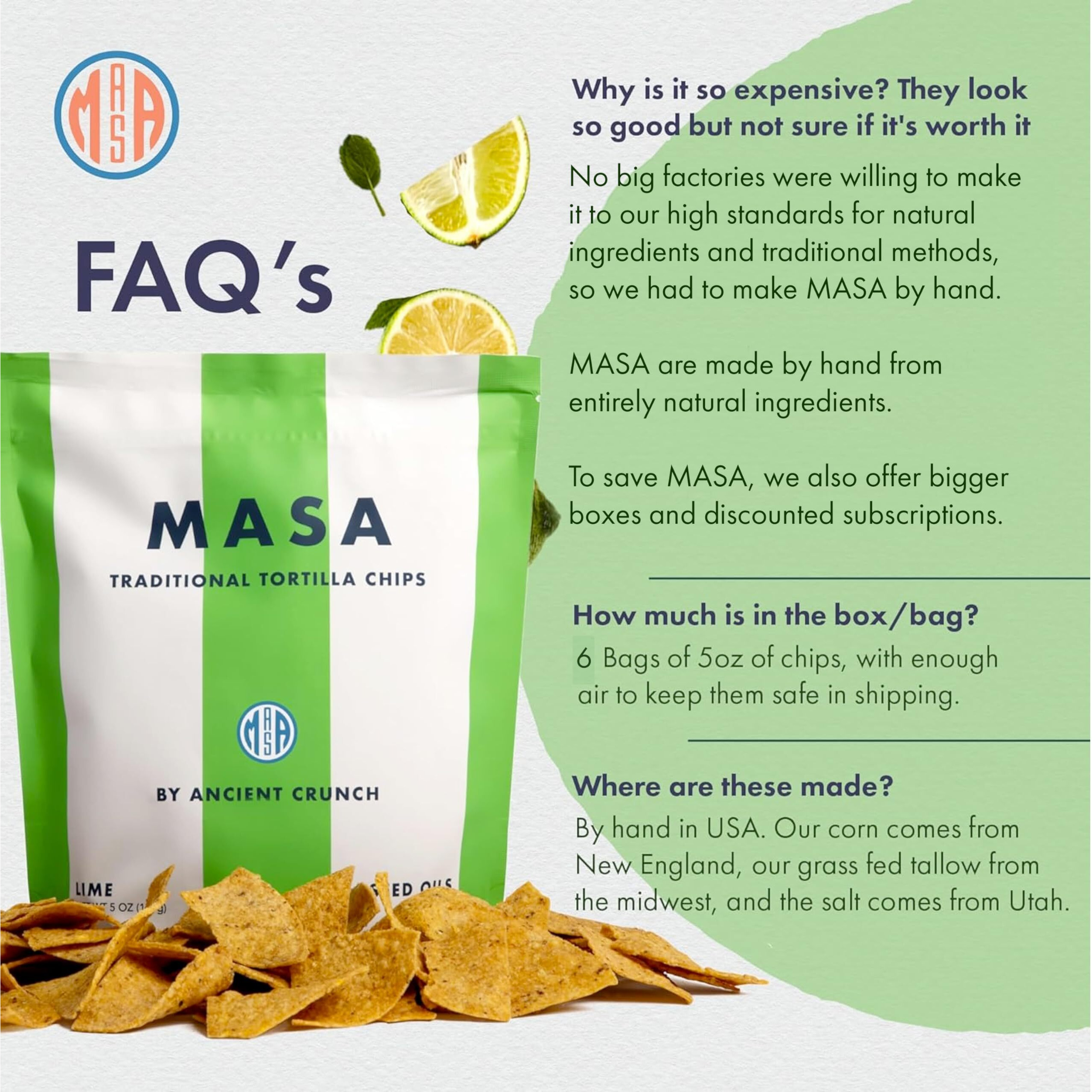Masa Chips - Lime Flavored Tortilla Chips, Handmade Corn Chips & Crisps - Naturally Grown Yellow Corn, Grass Fed Tallow & Sea Salt Tortilla Chips - Seed-Oil Free Tortilla Chips - 6 Pack, 5 Ounce Each