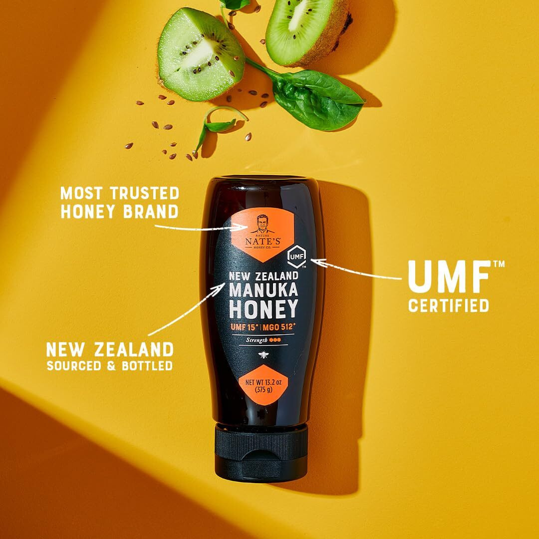 Nate's Raw Manuka Honey New Zealand Mgo 512+ | Umf Certified 15+ | 13.2 Oz Squeeze Bottle