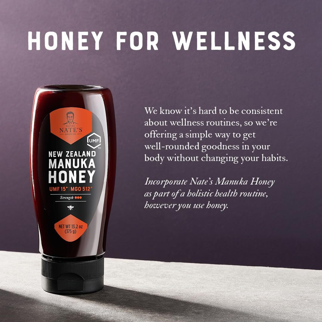 Nate's Raw Manuka Honey New Zealand Mgo 512+ | Umf Certified 15+ | 13.2 Oz Squeeze Bottle