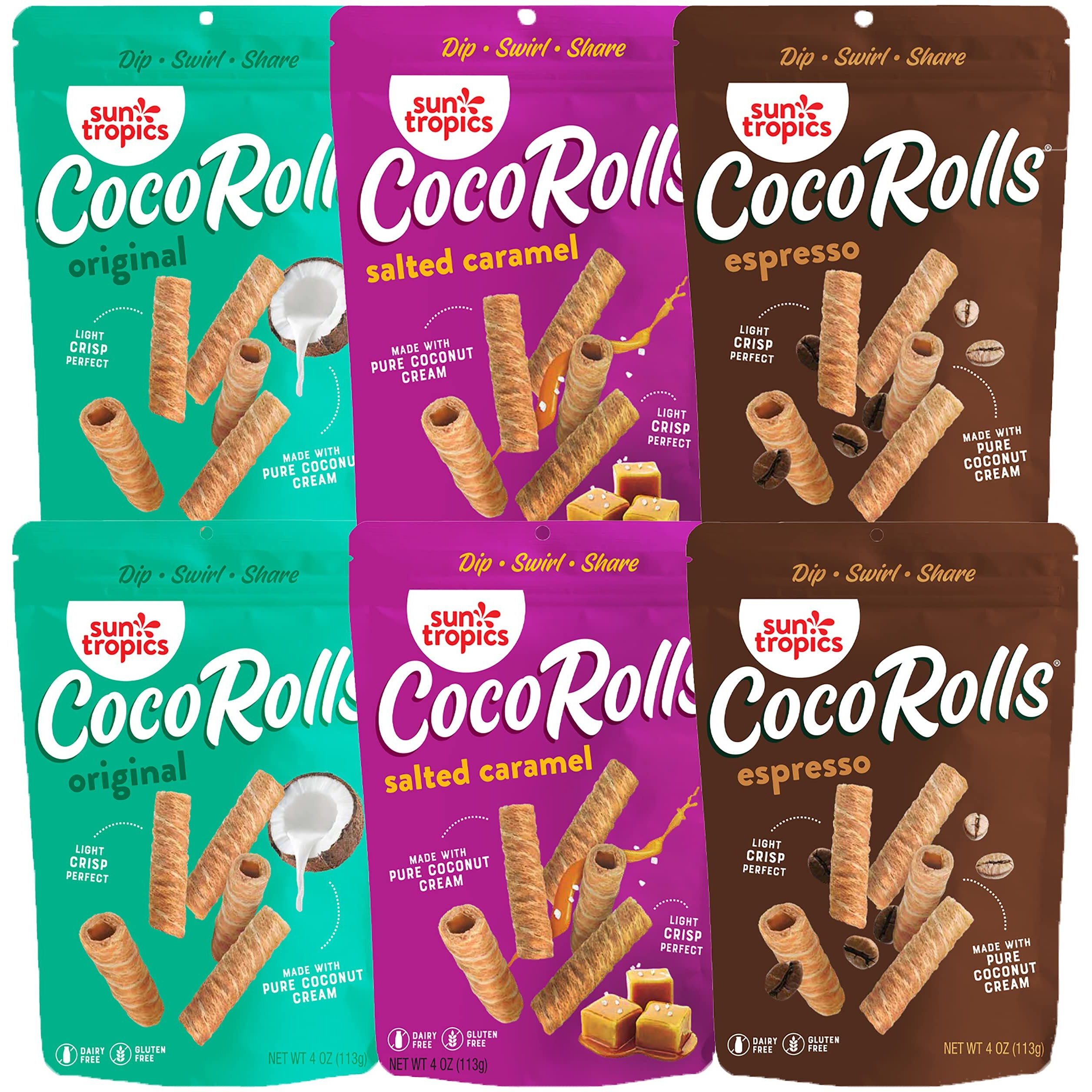Sun Tropics Cocorolls Variety Pack- 6 Count (4 Oz Each) | Crisp Rolled Wafer Cookies, Coconut Rolls Made With Pure Coconut Cream | Gluten Free & Dairy Free Coconut Wafer Snack