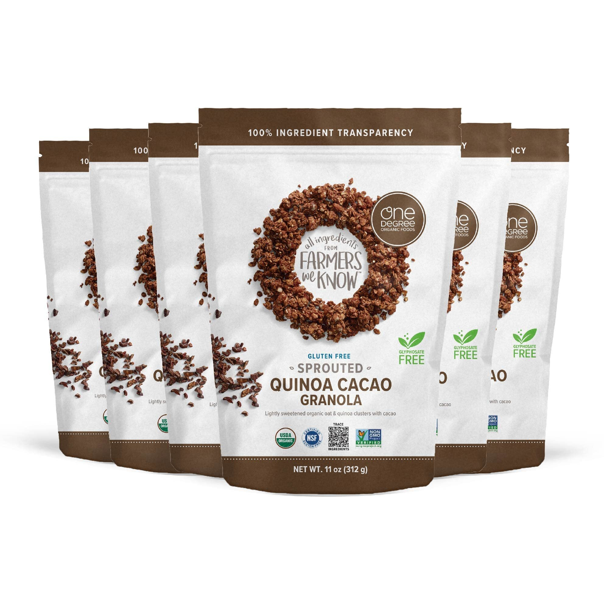 One Degree Organic Foods Sprouted Oat Quinoa Cacao Gluten Free Granola - Usda Organic, Vegan (11 Oz. - 6 Pack)