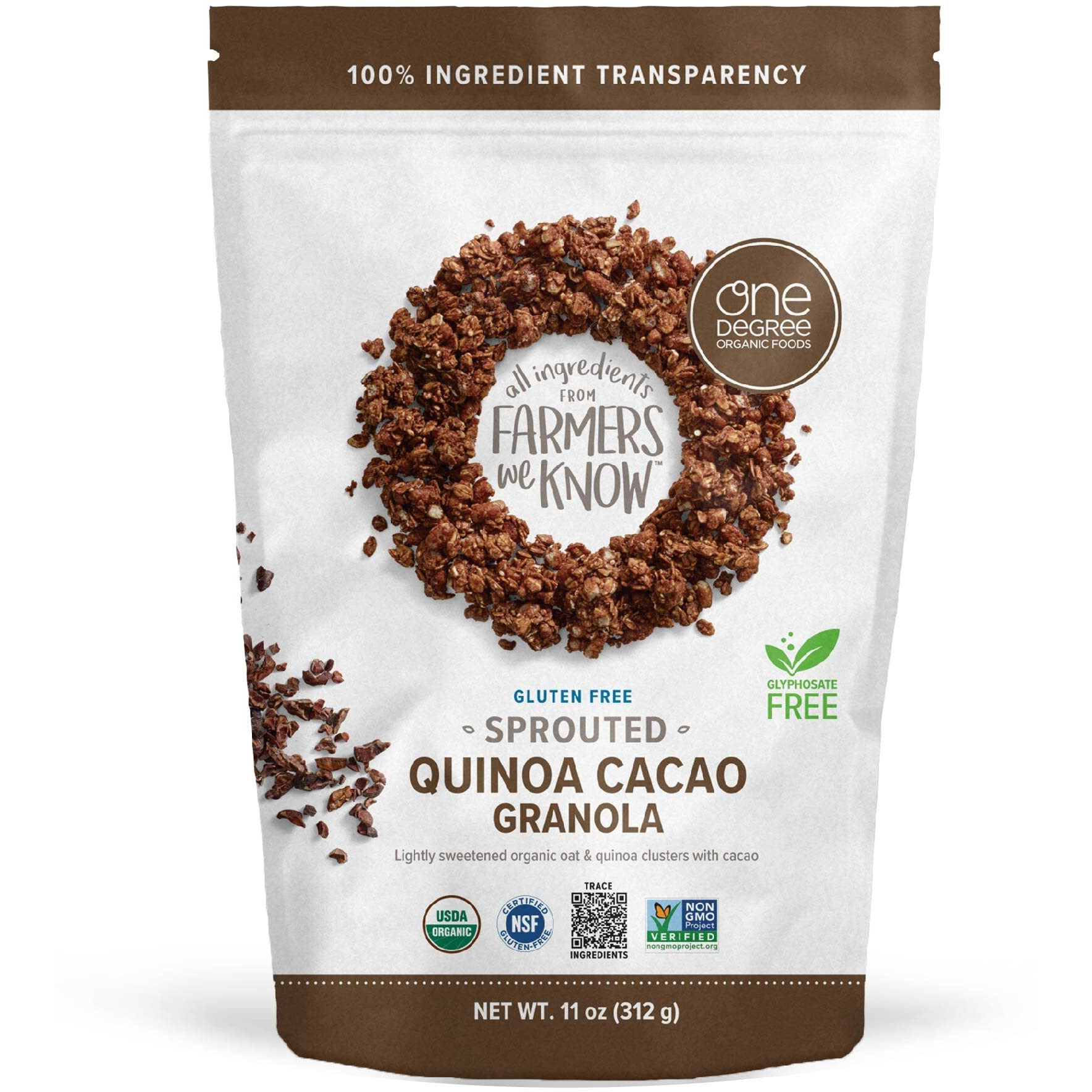 One Degree Organic Foods Sprouted Oat Quinoa Cacao Gluten Free Granola - Usda Organic, Vegan (11 Oz. - 6 Pack)