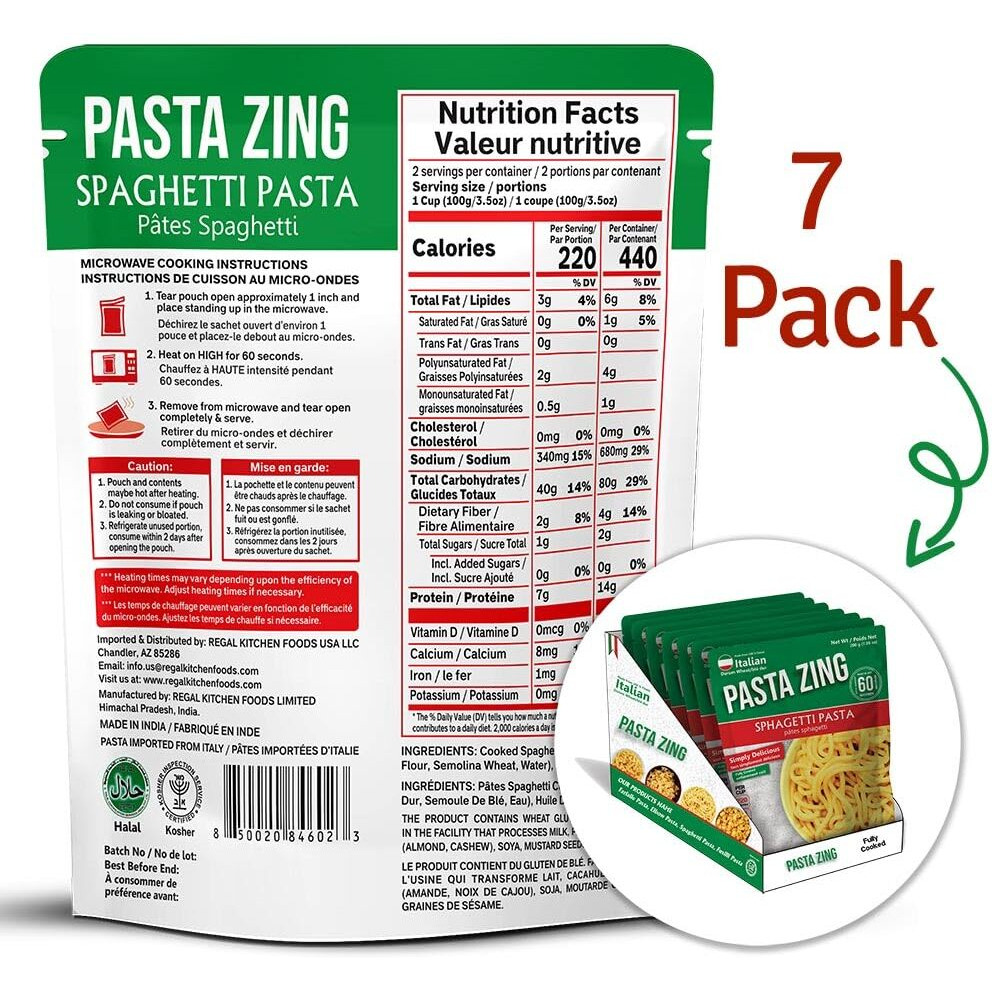 Pasta Zing Mircrowavable Spaghetti Pasta Pack Of 7, 7.05 Ounce, | Ready To Eat In 60 Sec | Pasta -100% Italian Durum Wheat | Natural Ingredients | Side Dish | Easy Dinner