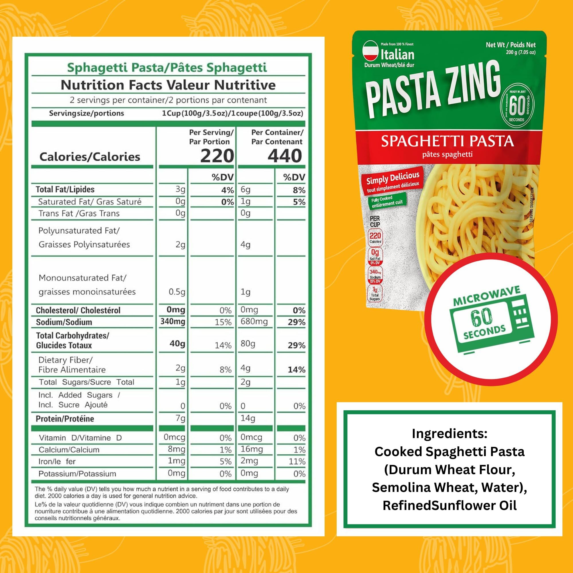 Pasta Zing Mircrowavable Spaghetti Pasta Pack Of 7, 7.05 Ounce, | Ready To Eat In 60 Sec | Pasta -100% Italian Durum Wheat | Natural Ingredients | Side Dish | Easy Dinner