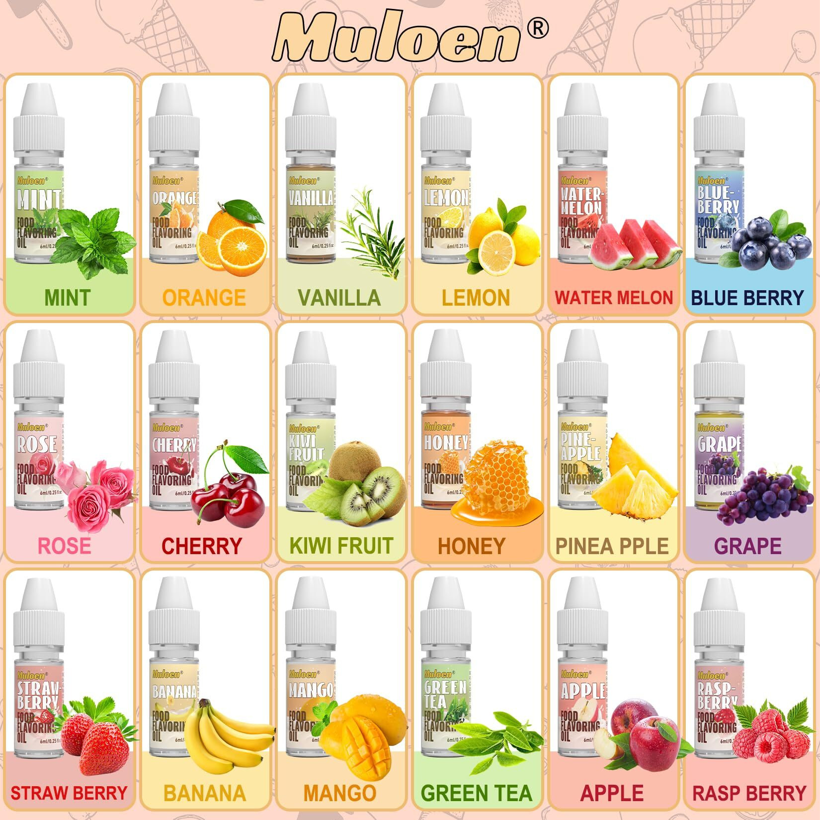 Food Flavoring Oil, 18 Flavors 100% Pure Natural Extract Liquid Oil - Water & Oil Soluble - Concentrated Candy Flavoring For Lip Balm, Baking, Drinks, Cooking, Soap - .25 Fl Oz (6 Ml) Bottles