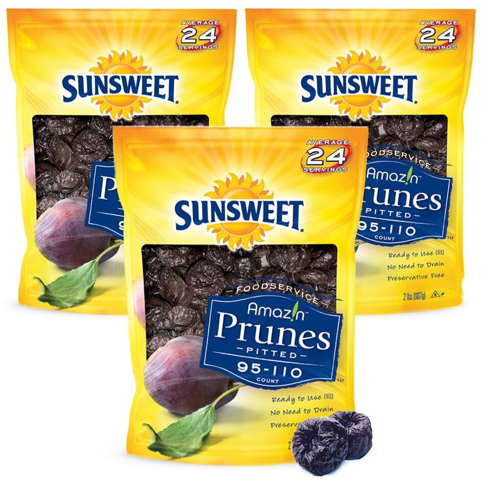 Sunsweet Amazin' Pitted Prunes - Dried Prunes Pitted Unsweetened - Gluten Free, Vegan, Low Fat - Fiber & Minerals - 2Lb Resealable Bag X 3 Pack