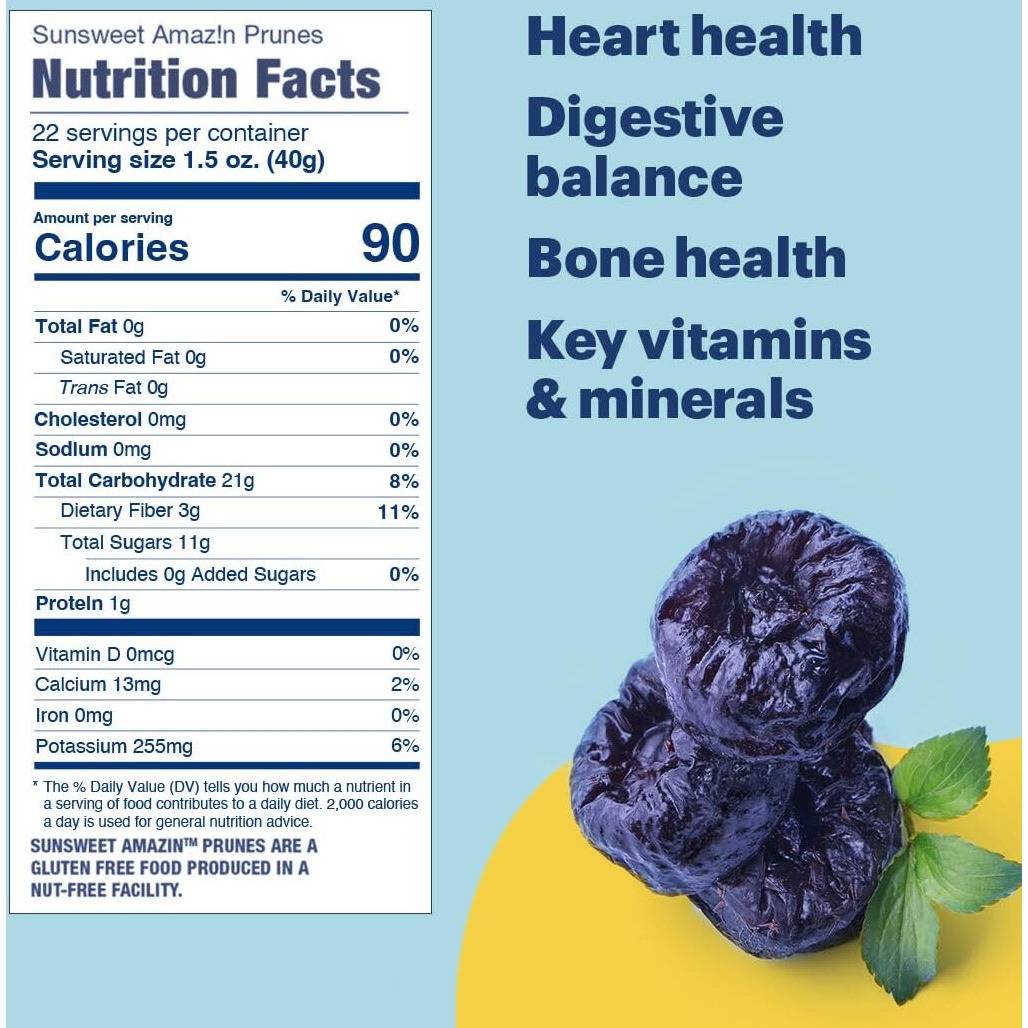 Sunsweet Amazin' Pitted Prunes - Dried Prunes Pitted Unsweetened - Gluten Free, Vegan, Low Fat - Fiber & Minerals - 2Lb Resealable Bag X 3 Pack