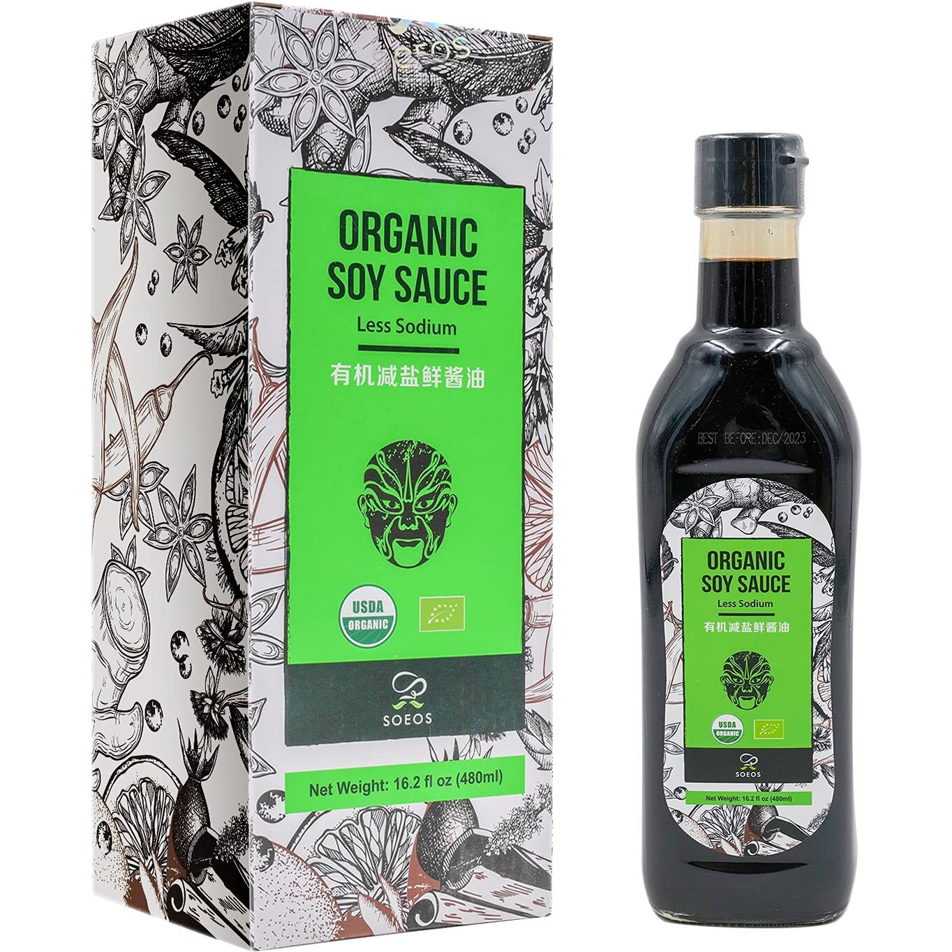 Soeos Organic Low Sodium Soy Sauce 16.2Oz (480Ml), Usda Organic, Naturally Brewed Soy Sauce, Soy Sauce Organic, Dark Soy Sauce, Pure Ingredients, Marinade For Meat & Vegetables., Black