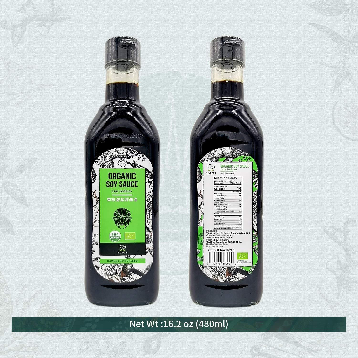 Soeos Organic Low Sodium Soy Sauce 16.2Oz (480Ml), Usda Organic, Naturally Brewed Soy Sauce, Soy Sauce Organic, Dark Soy Sauce, Pure Ingredients, Marinade For Meat & Vegetables., Black