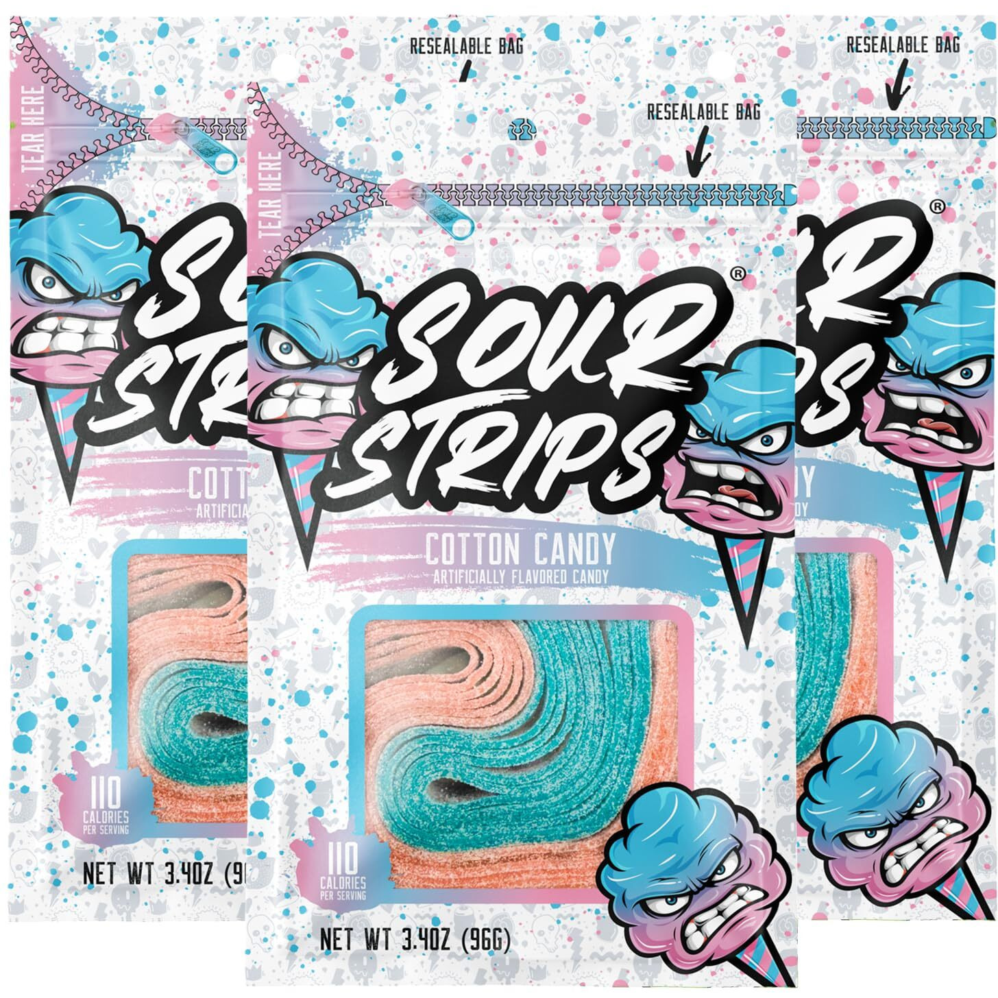 Sour Strips Flavored Sour Candy Strips, Deliciously Sour Chewy Candy Belts, Vegetarian Candies, 3 Pack (Cotton Candy (3-Pack))