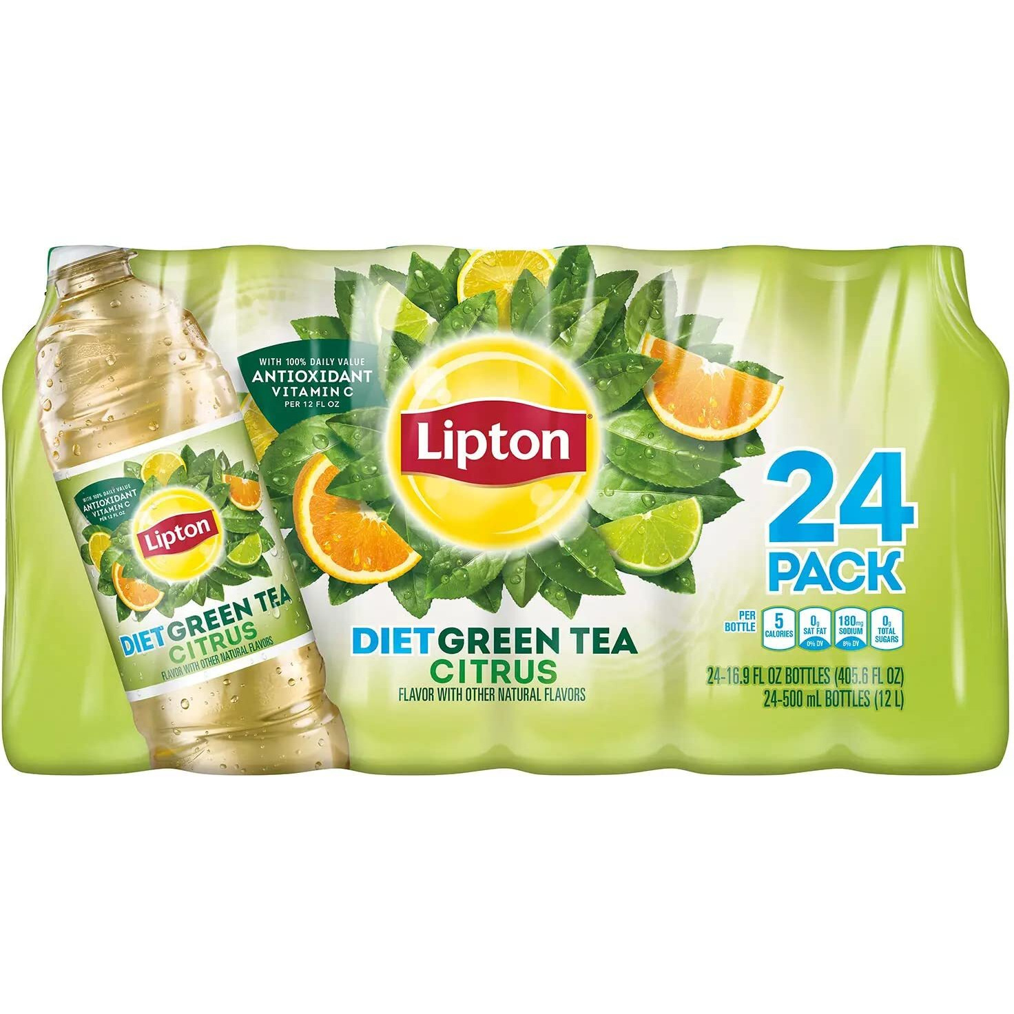 Diet Green Iced Tea - Citrus Flavor With Other Natural Flavors - With 100% Daily Value Antioxidant Vitamin C Per 12 Fl Oz, 24-500 Ml Bottles - 2 Pack