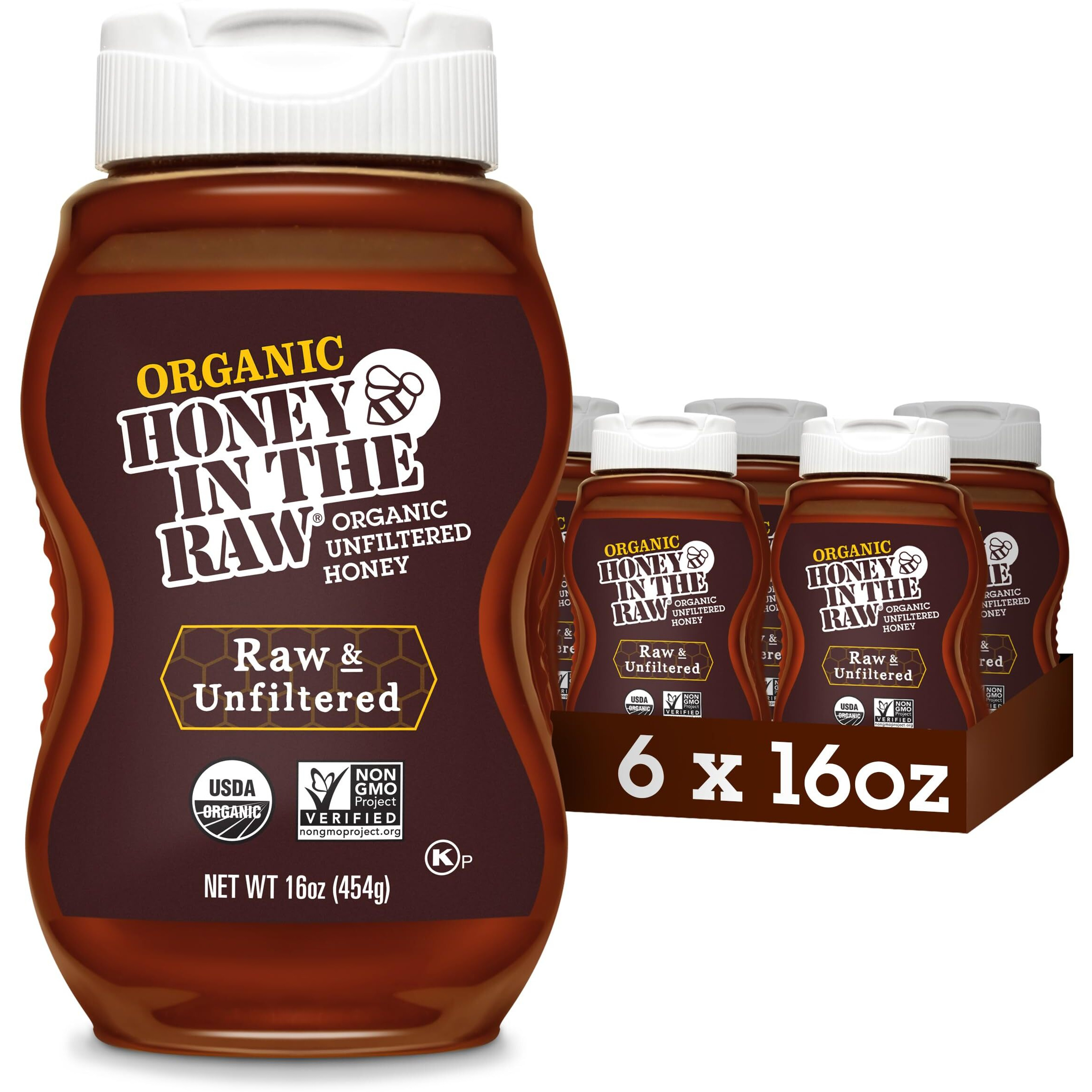 Honey In The Raw Unfiltered Organic Honey, Pure Sweet Honey From Brazil For Coffee, Tea, Yogurt, Snacks, Sauce, Salad Dressing, Pancakes, Usda Certified, Non-Gmo, Gluten Free, 16 Oz Bottle (Pack Of 6)