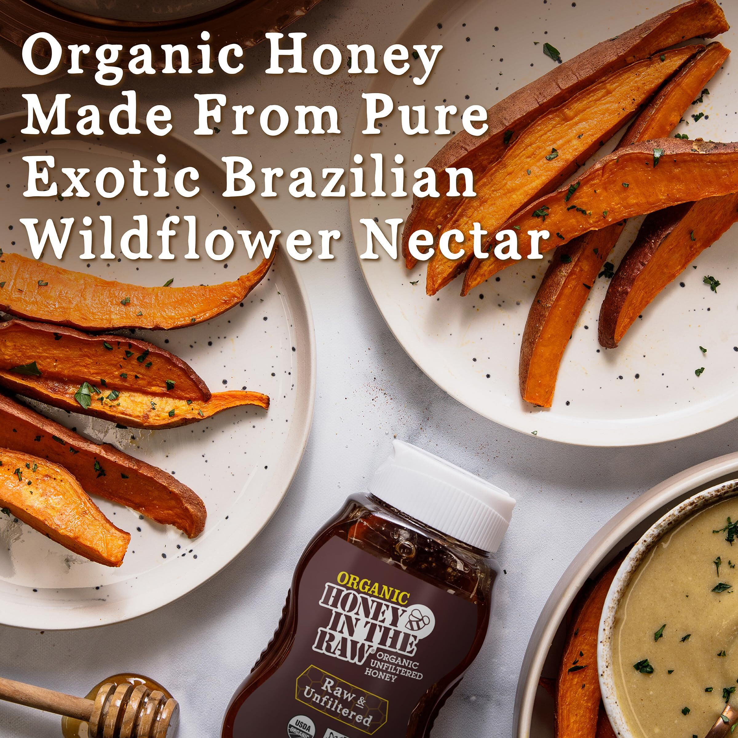 Honey In The Raw Unfiltered Organic Honey, Pure Sweet Honey From Brazil For Coffee, Tea, Yogurt, Snacks, Sauce, Salad Dressing, Pancakes, Usda Certified, Non-Gmo, Gluten Free, 16 Oz Bottle (Pack Of 6)