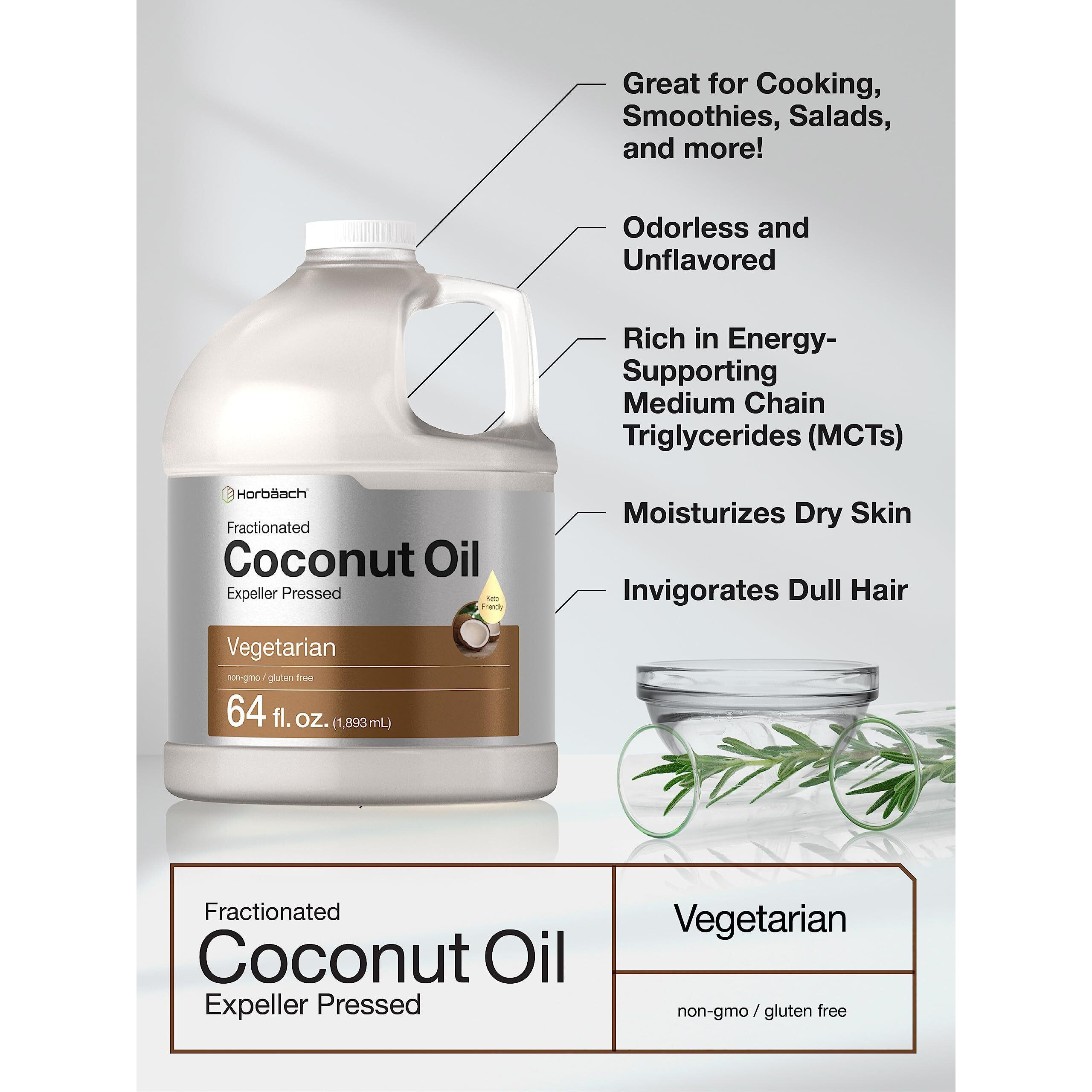 Horbach Liquid Coconut Oil For Cooking | 64 Oz | Fractionated & Unflavored | Keto Friendly | Vegetarian, Non-Gmo & Gluten Free