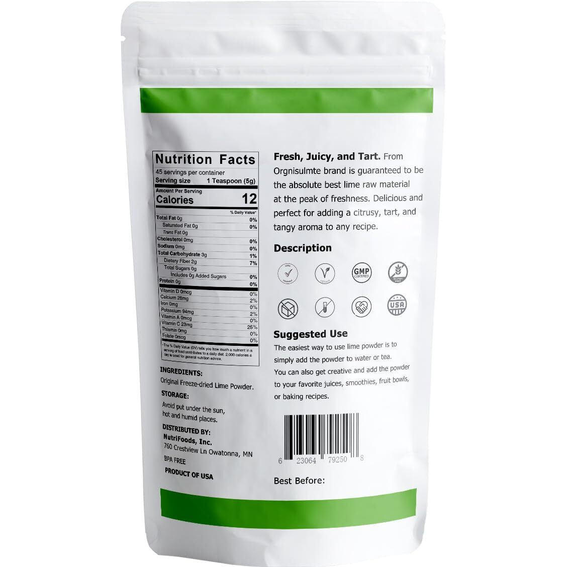 Orgnisulmte Lime Juice Powder, 8 Oz, Fresh Lime Juice Freeze Dried Powder Filler Free, Rich In Natural Vitamin C, Great Flavor For Soda, Baking And Cooking 227G
