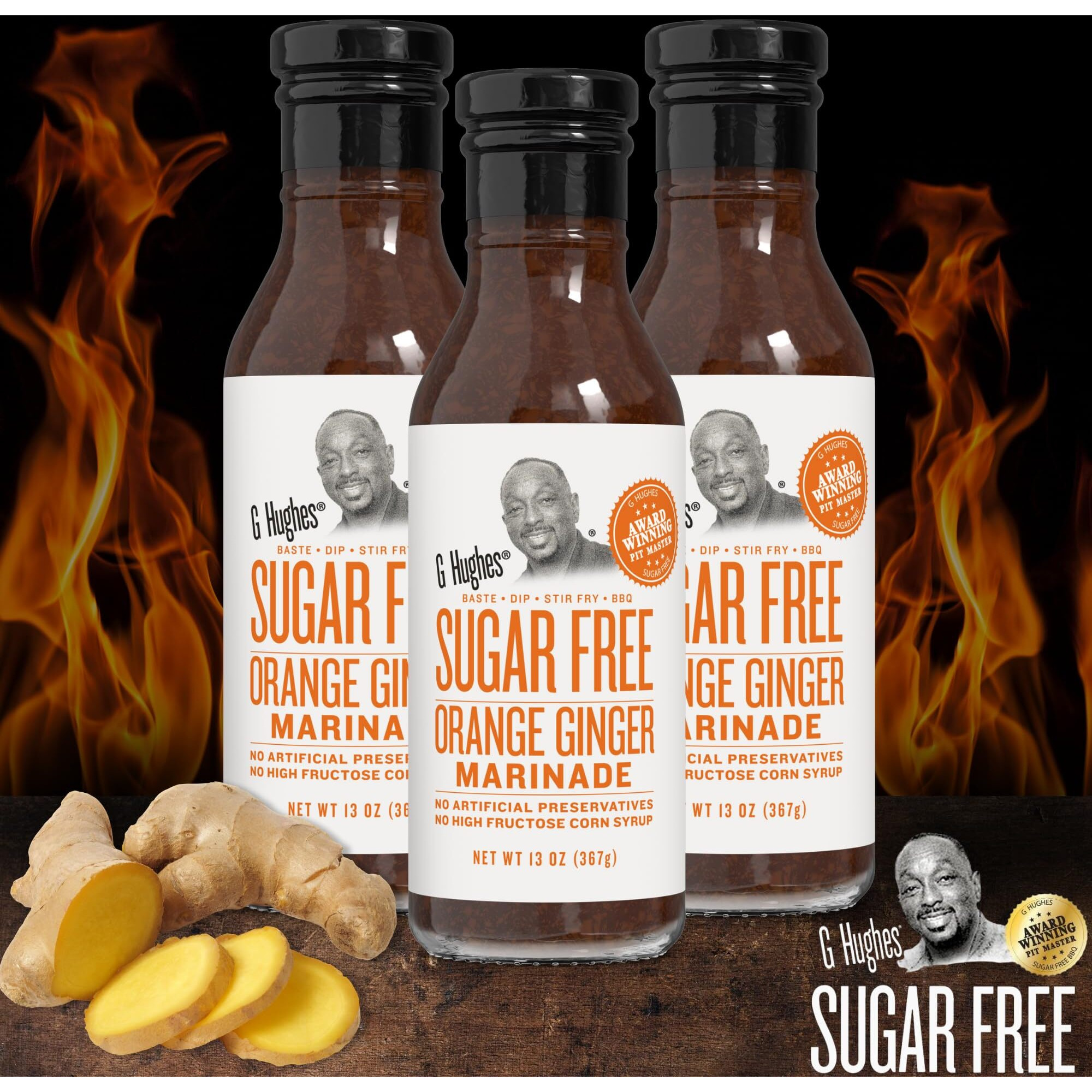 G Hughes Sugar Free, Orange Ginger Marinade - Sugar Free Sauces And Marinades, Gluten Free Orange Sauce, Asian Ginger Sauce, Ginger Dressing, No High Fructose, Keto-Friendly - 13 Oz. (3-Pack)