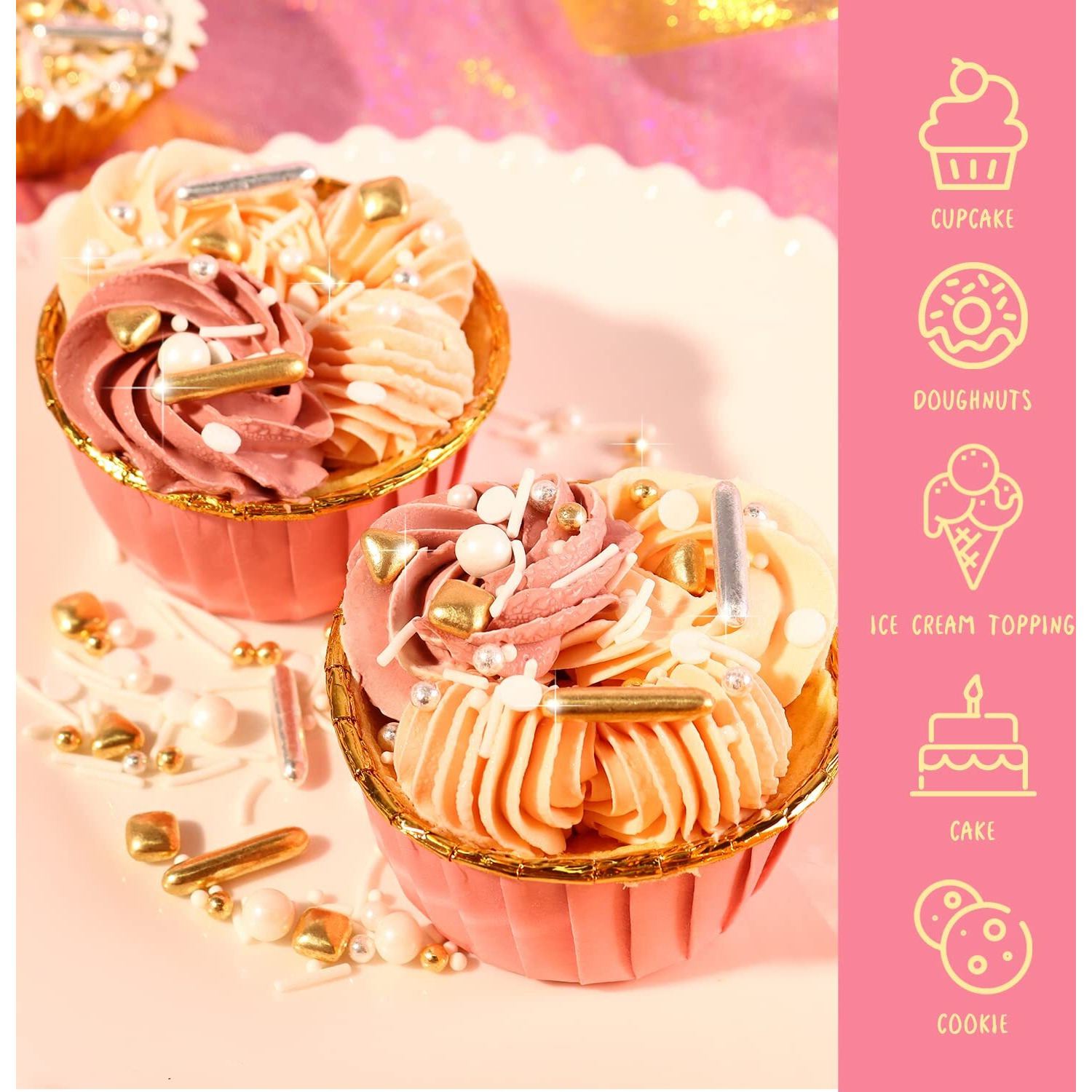 White Deluxe Gold Sprinkles For Cake Decorating 7Ounce - Gold Sugar Pearl Metallic Sprinkles For Cupcake Toppers, Ice Cream, Candy, Cookie Decorations - Jimmies, Confetti For Wedding Party Celebrations