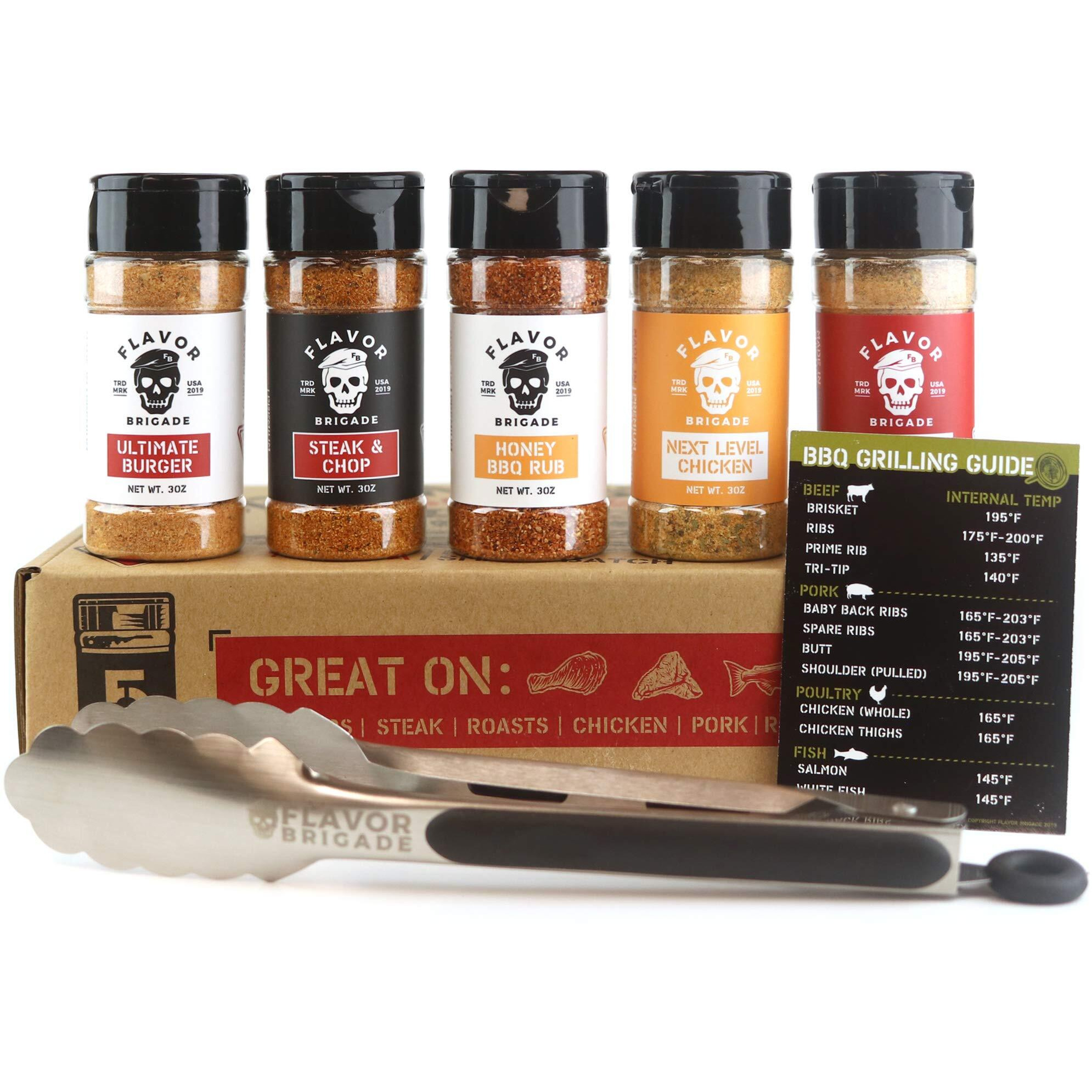 Flavor Brigade Gourmet Grilling Spices Gift Set For Guys, Dad, Men, Bbq Grill Accesories, Smoker, Seasonings, Rub, Steak, Burgers, Chicken, Fish & Stainless Tongs (5 Bottles, 7 Piece Set)