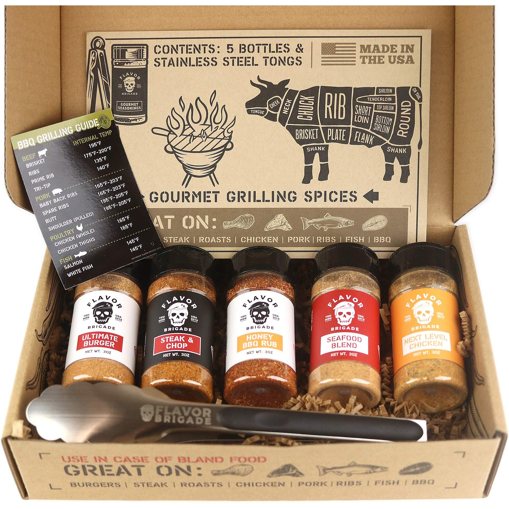 Flavor Brigade Gourmet Grilling Spices Gift Set For Guys, Dad, Men, Bbq Grill Accesories, Smoker, Seasonings, Rub, Steak, Burgers, Chicken, Fish & Stainless Tongs (5 Bottles, 7 Piece Set)