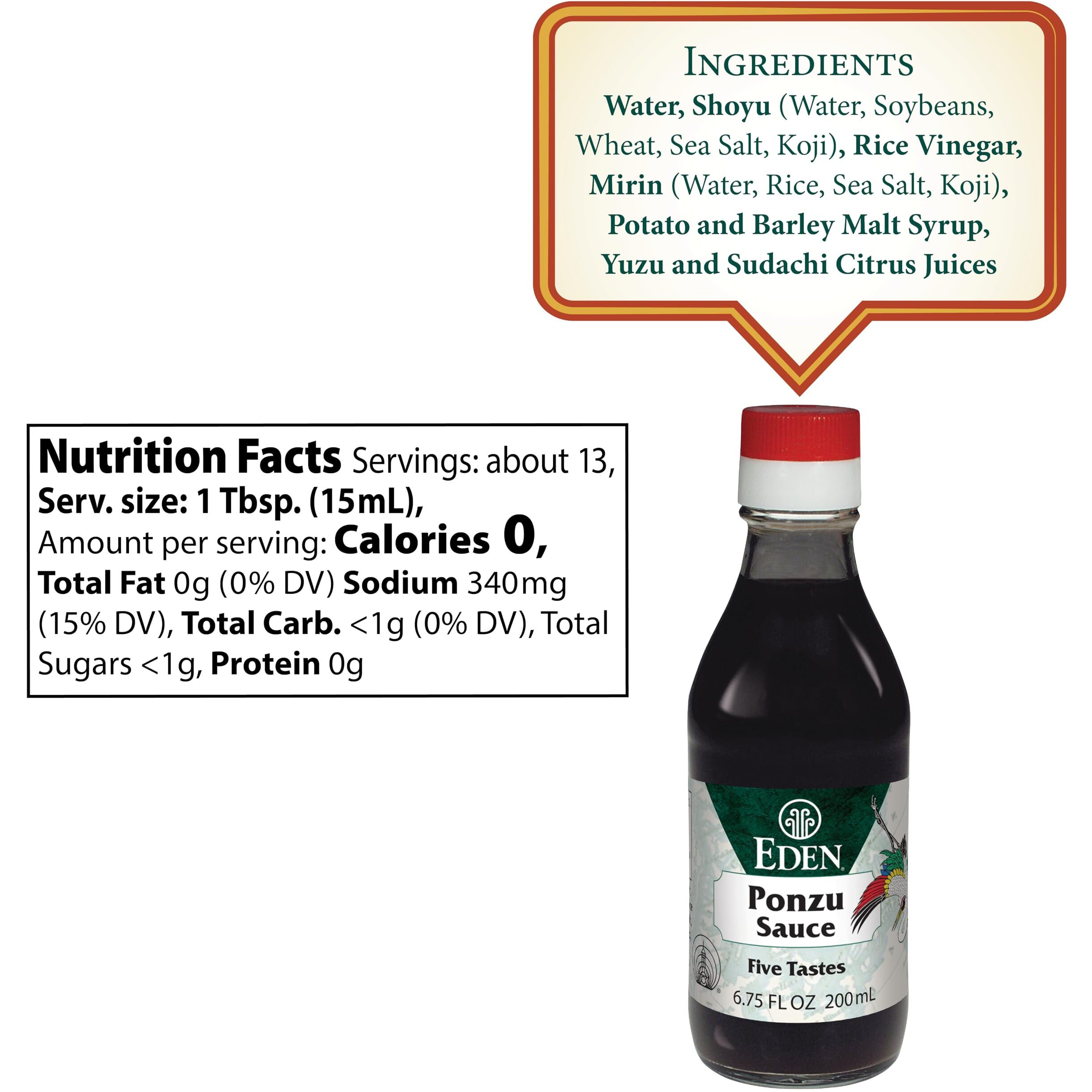 Eden Ponzu Sauce, Premium Traditional Five Flavor Umami Seasoning Made In Japan, Yuzu And Sudachi Juice, 6.75 Fl Oz Glass Bottle