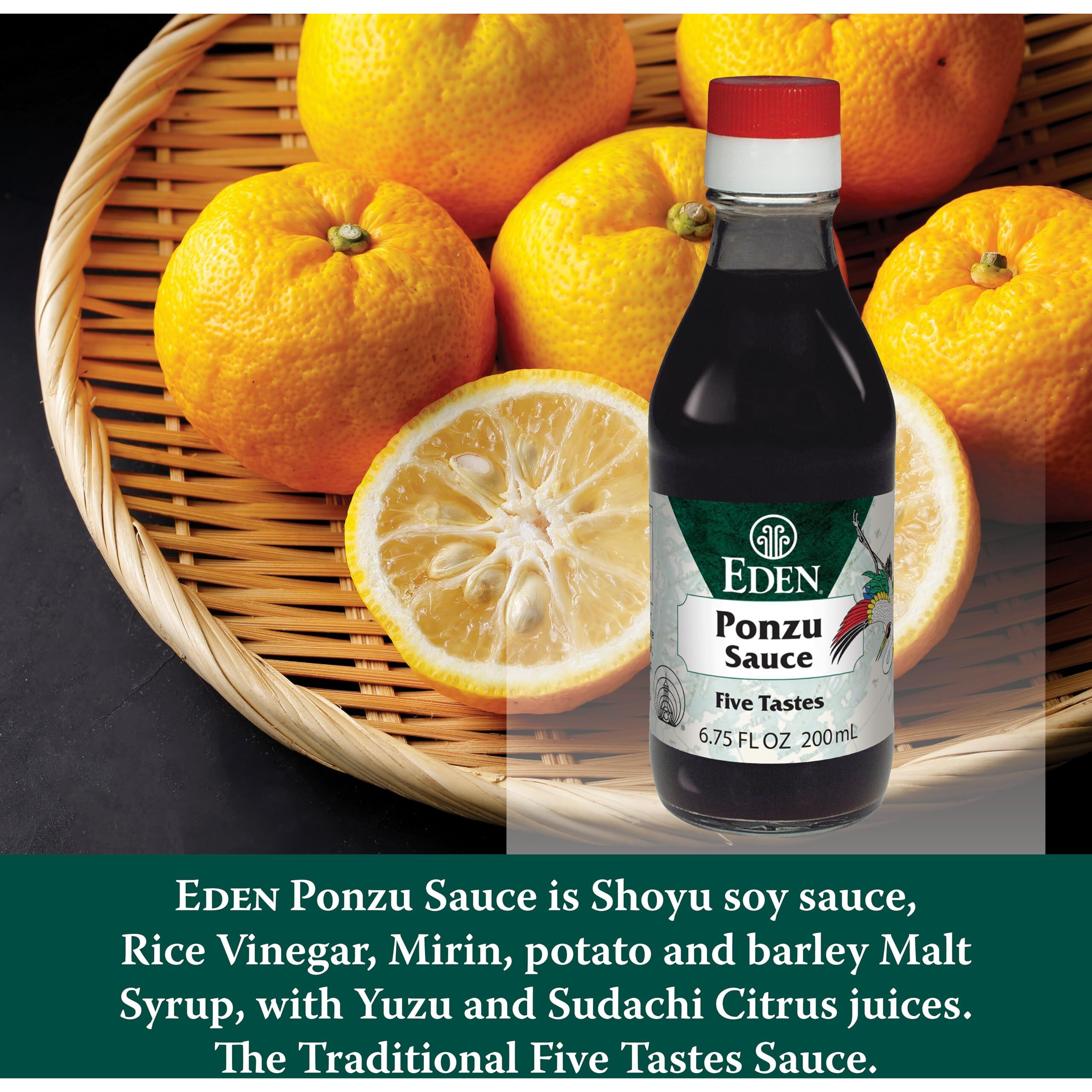 Eden Ponzu Sauce, Premium Traditional Five Flavor Umami Seasoning Made In Japan, Yuzu And Sudachi Juice, 6.75 Fl Oz Glass Bottle