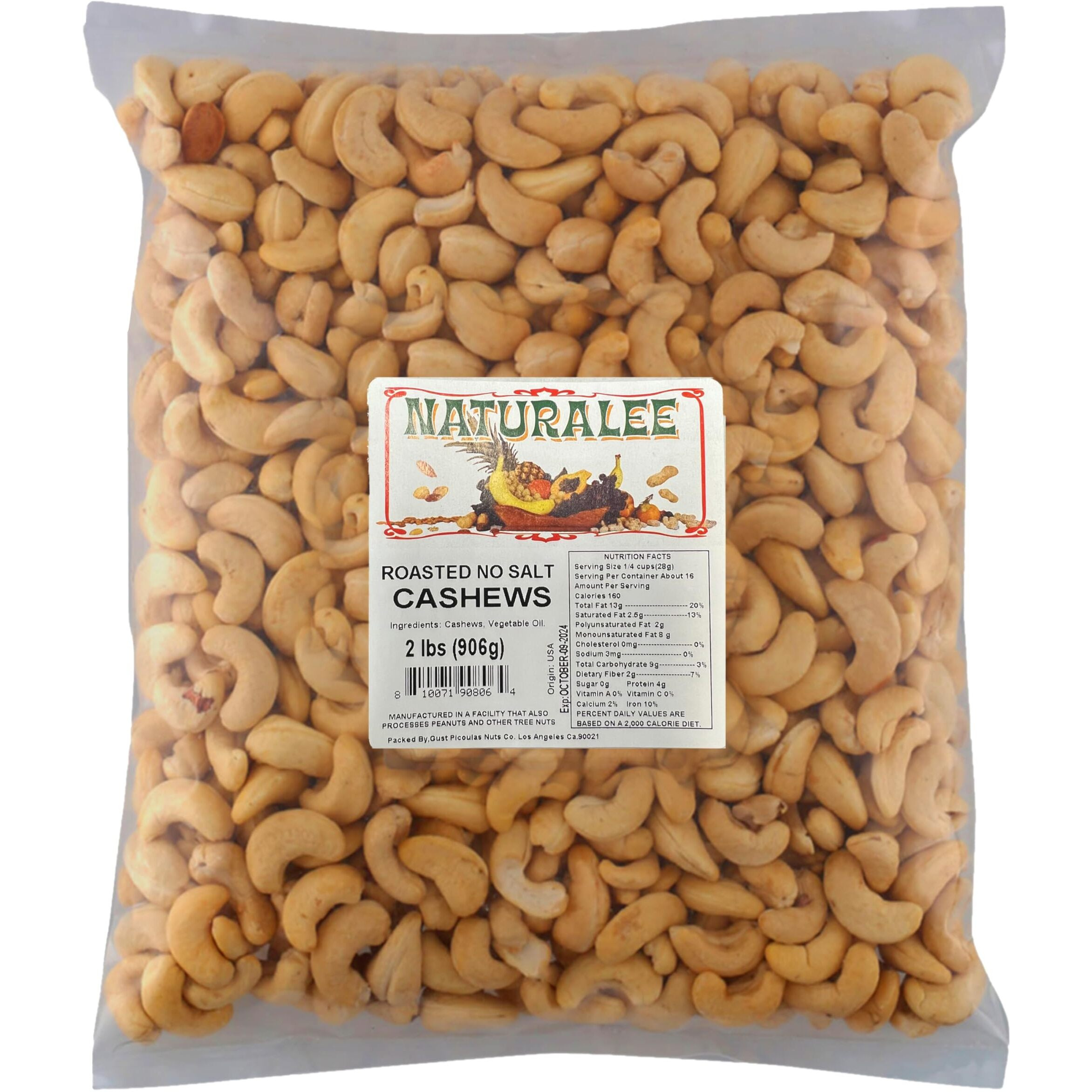 Naturalee Cashews 2 Lbs - Roasted, Unsalted - Natural Heart Healthy Snack