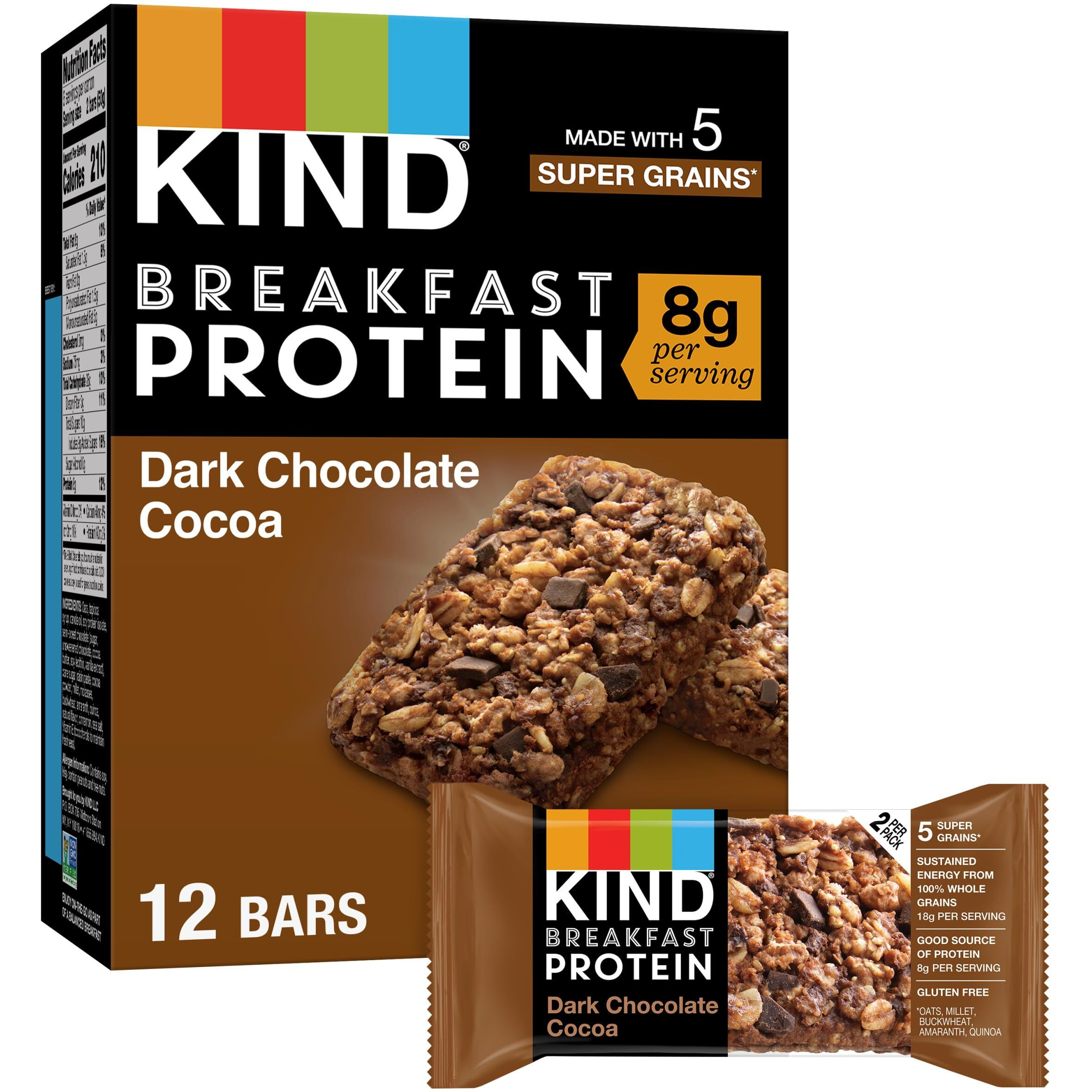 Kind Breakfast, Healthy Snack Bar, Dark Chocolate Cocoa, Gluten Free Breakfast Bars, 8G Protein, 1.76 Oz Packs (6 Count)