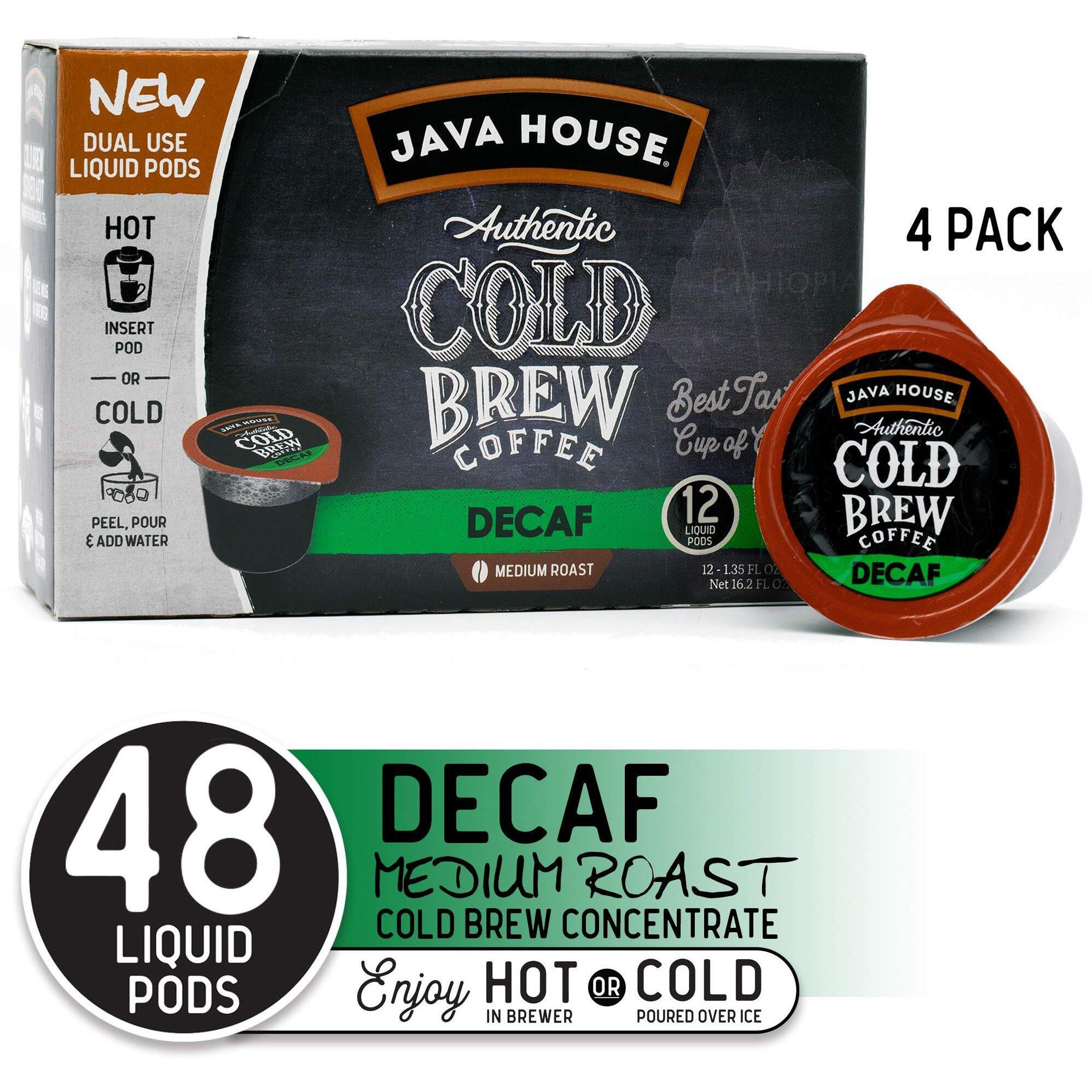 Java House Cold Brew Coffee Concentrate Single Serve Liquid Pods 1.35 Fluid Ounces Each 48 Count, Decaf, 64.8 Fl Oz, (Pack Of 4)