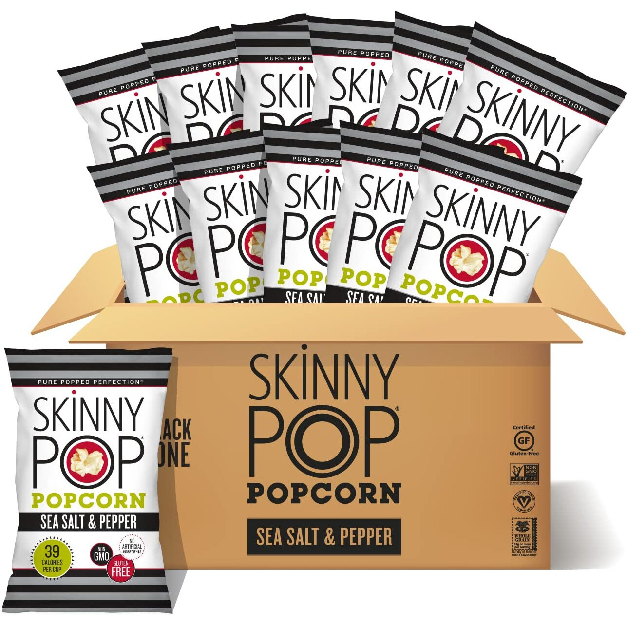 Skinnypop Sea Salt & Pepper Popcorn, Gluten Free, Non-Gmo, Healthy Popcorn Snacks, Skinny Pop, 4.4Oz Grocery Size Bags (12 Count)