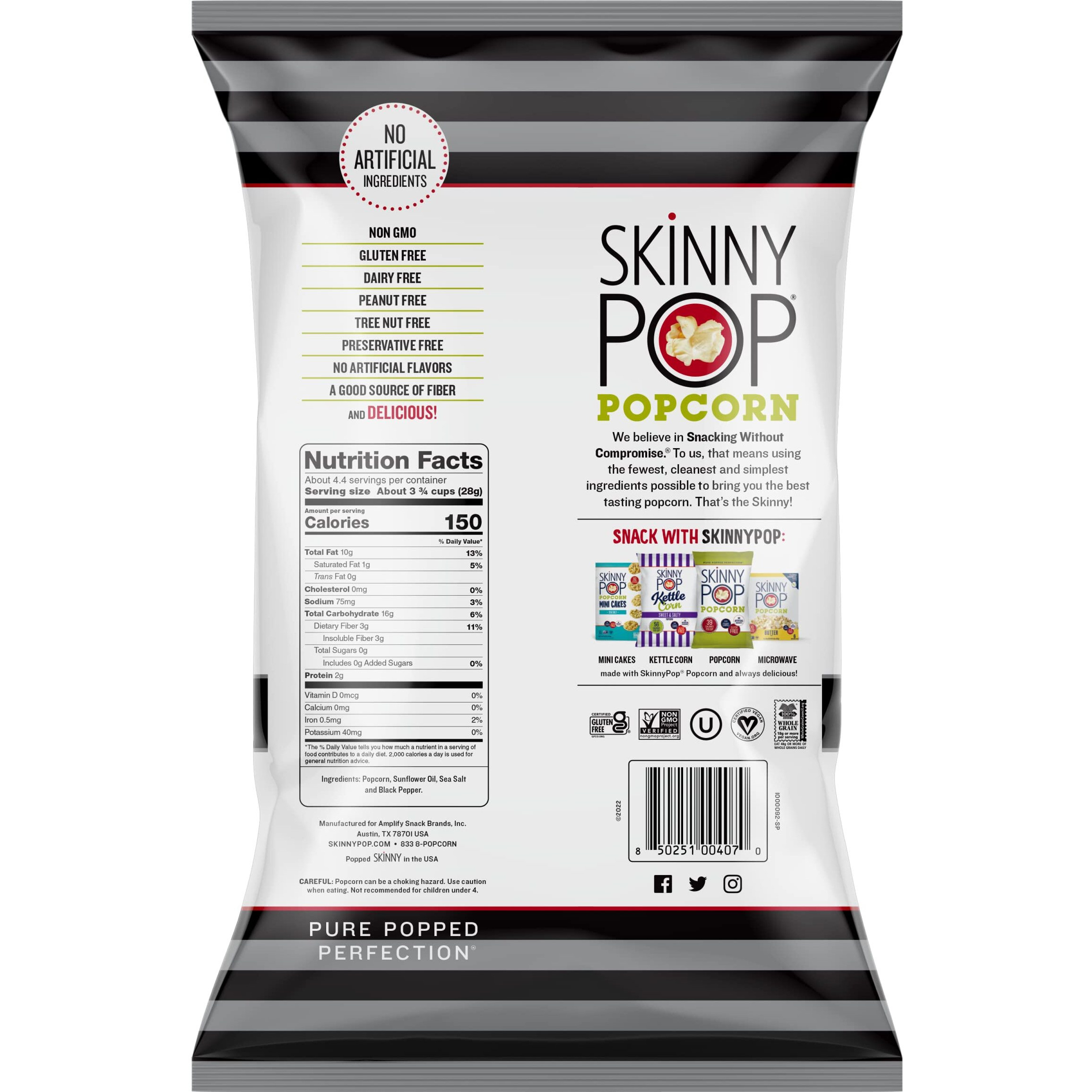 Skinnypop Sea Salt & Pepper Popcorn, Gluten Free, Non-Gmo, Healthy Popcorn Snacks, Skinny Pop, 4.4Oz Grocery Size Bags (12 Count)