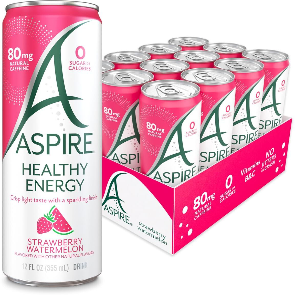 Aspire Strawberry Watermelon, Healthy Energy Drink With Low Caffeine, No Sugar, Carbs, And Keto Friendly, 12 Pack