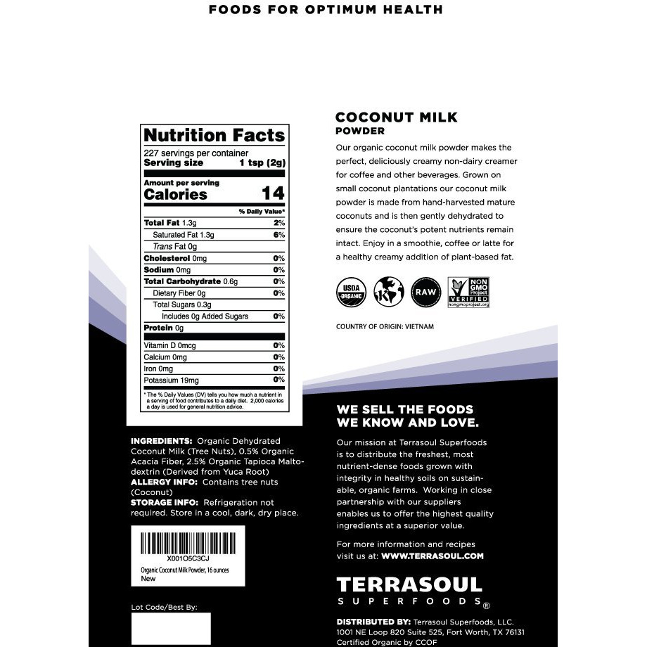 Terrasoul Superfoods Organic Coconut Milk Powder, 16 Oz - Plant-Based Creamer | Keto Friendly