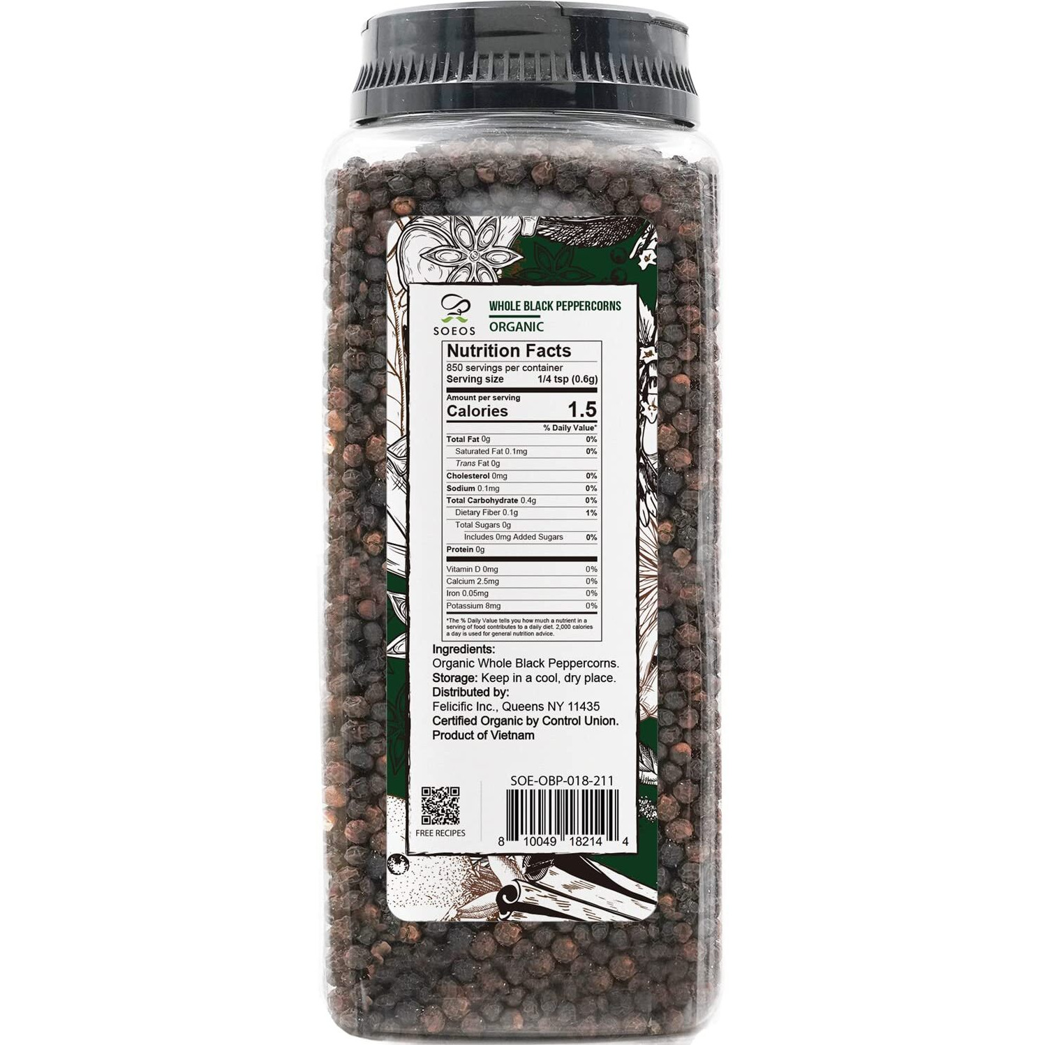 Soeos Organic Black Peppercorns, 18Oz (Pack Of 1), Non-Gmo, Kosher, Packed To Keep Peppers Fresh, Peppercorn For Grinder Refill, Whole Peppercorns