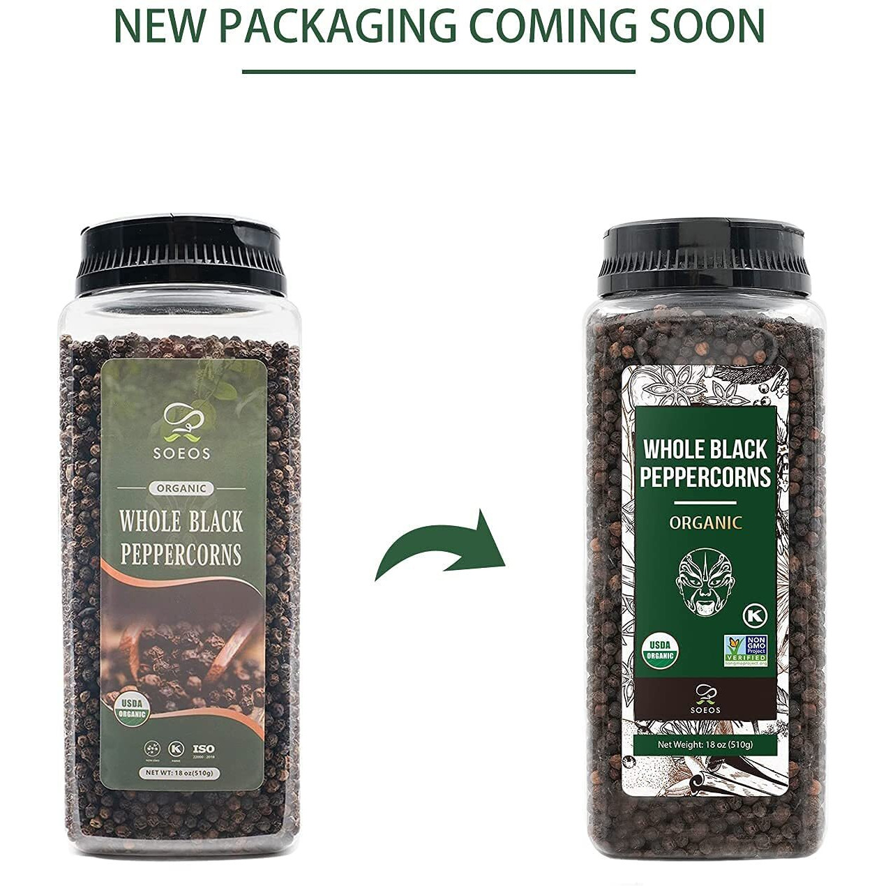 Soeos Organic Black Peppercorns, 18Oz (Pack Of 1), Non-Gmo, Kosher, Packed To Keep Peppers Fresh, Peppercorn For Grinder Refill, Whole Peppercorns