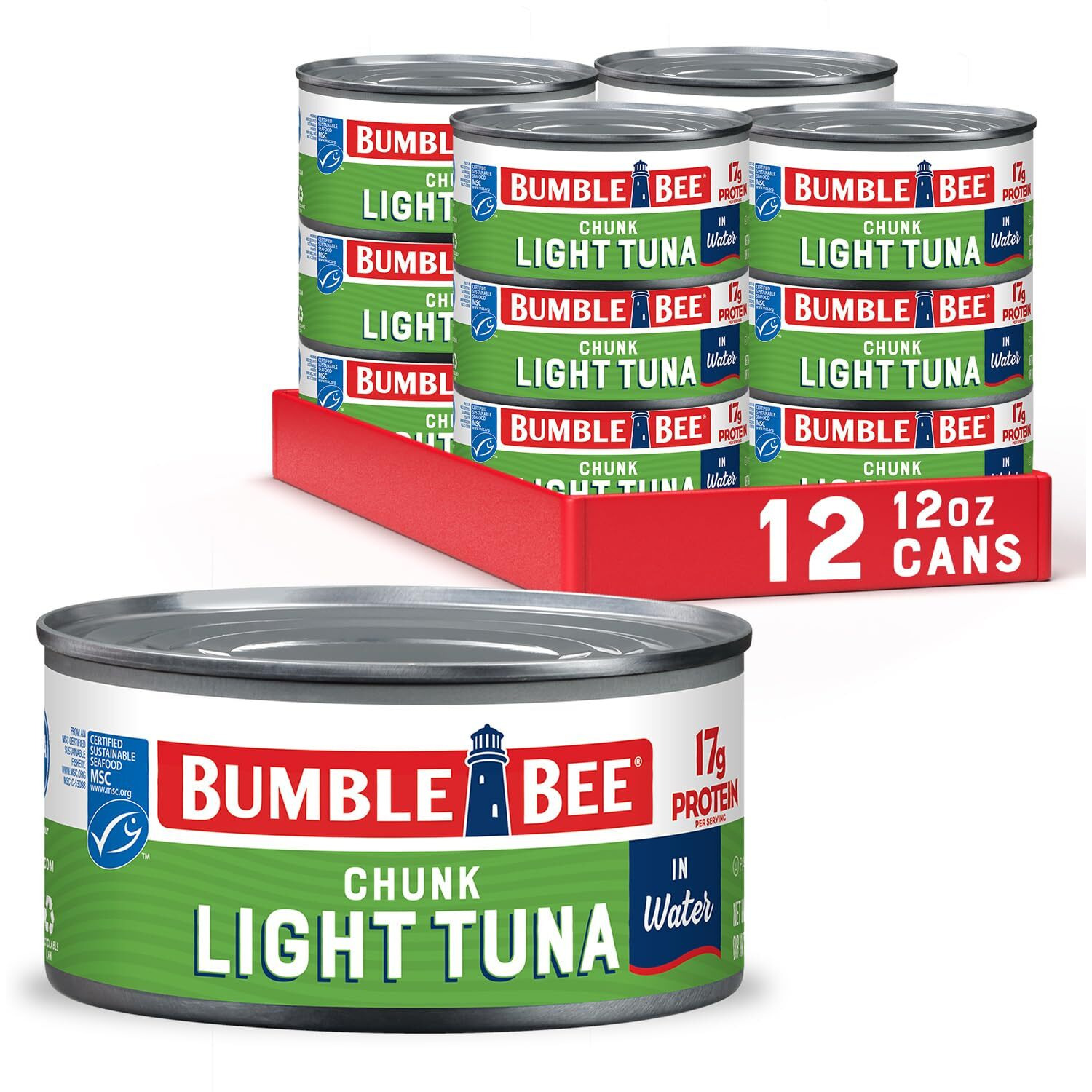 Bumble Bee Chunk Light Tuna In Water, 12 Oz Can (Pack Of 12) - Wild Caught Skipjack Tuna - 17G Protein Per Serving - Msc Certified Sustainable Seafood, Non-Gmo, Gluten Free, Kosher