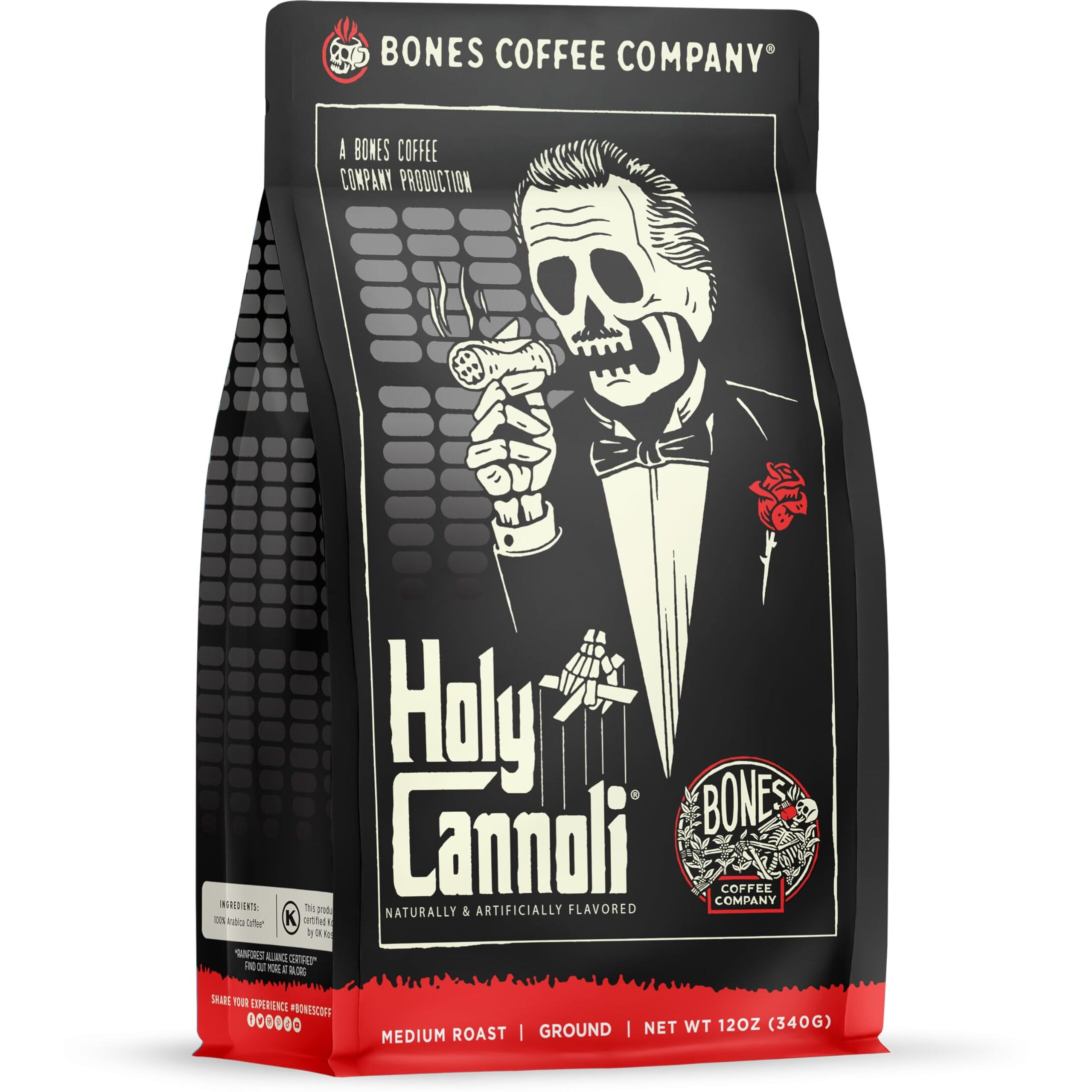 Bones Coffee Company Holy Cannoli Flavored Ground Coffee Beans Cannoli Flavor | 12 Oz Medium Roast Arabica Low Acid Coffee | Gourmet Coffee (Ground)