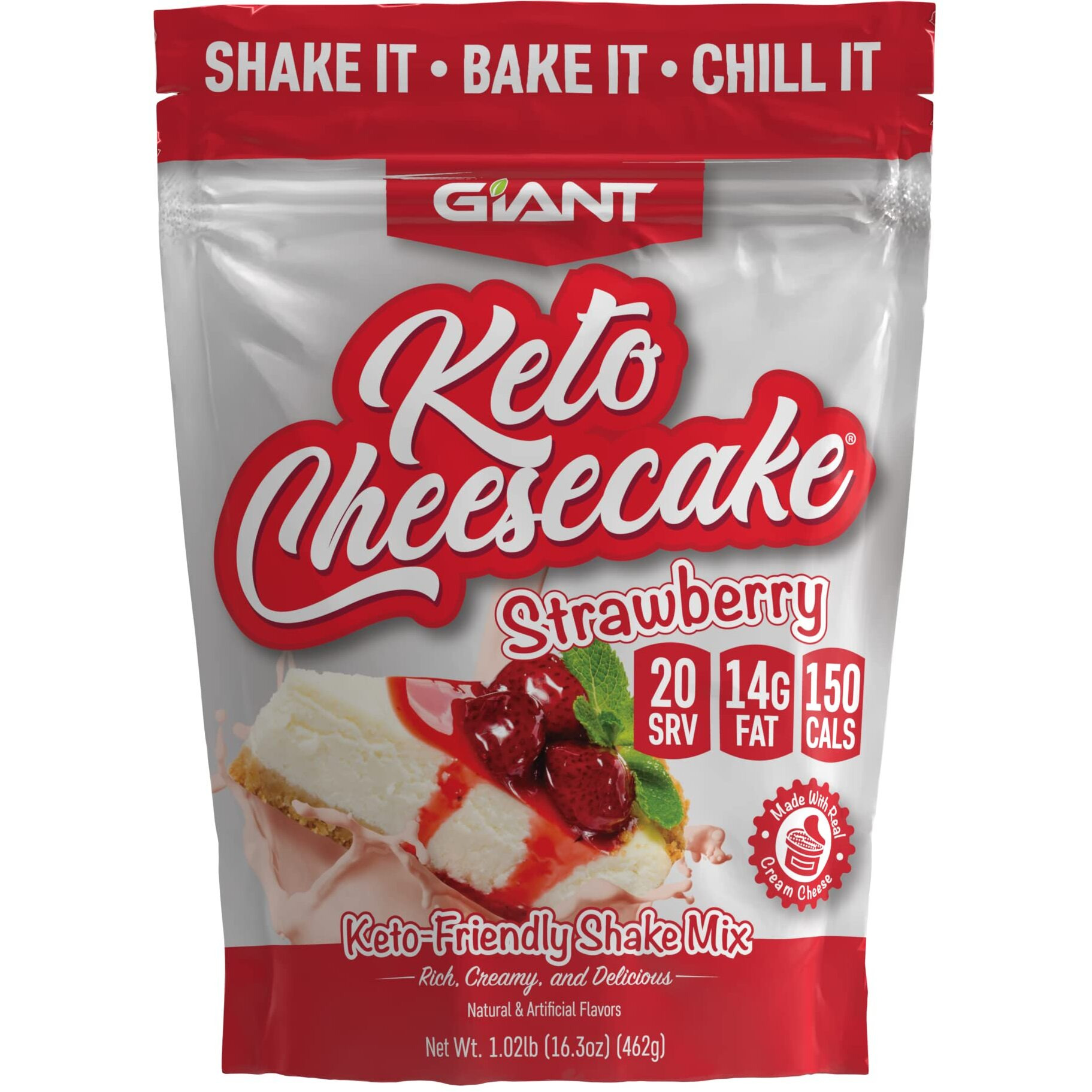 Giant Sports Keto Cheesecake Shake Mix - Delicious Low Carb, Ketogenic Diet Gluten Free Powder Mix - Works Great With Almond Milk - Strawberry (20 Serving Bag)