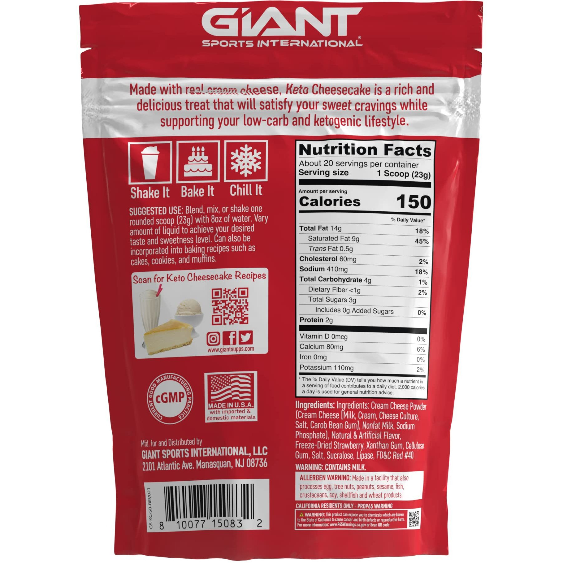 Giant Sports Keto Cheesecake Shake Mix - Delicious Low Carb, Ketogenic Diet Gluten Free Powder Mix - Works Great With Almond Milk - Strawberry (20 Serving Bag)