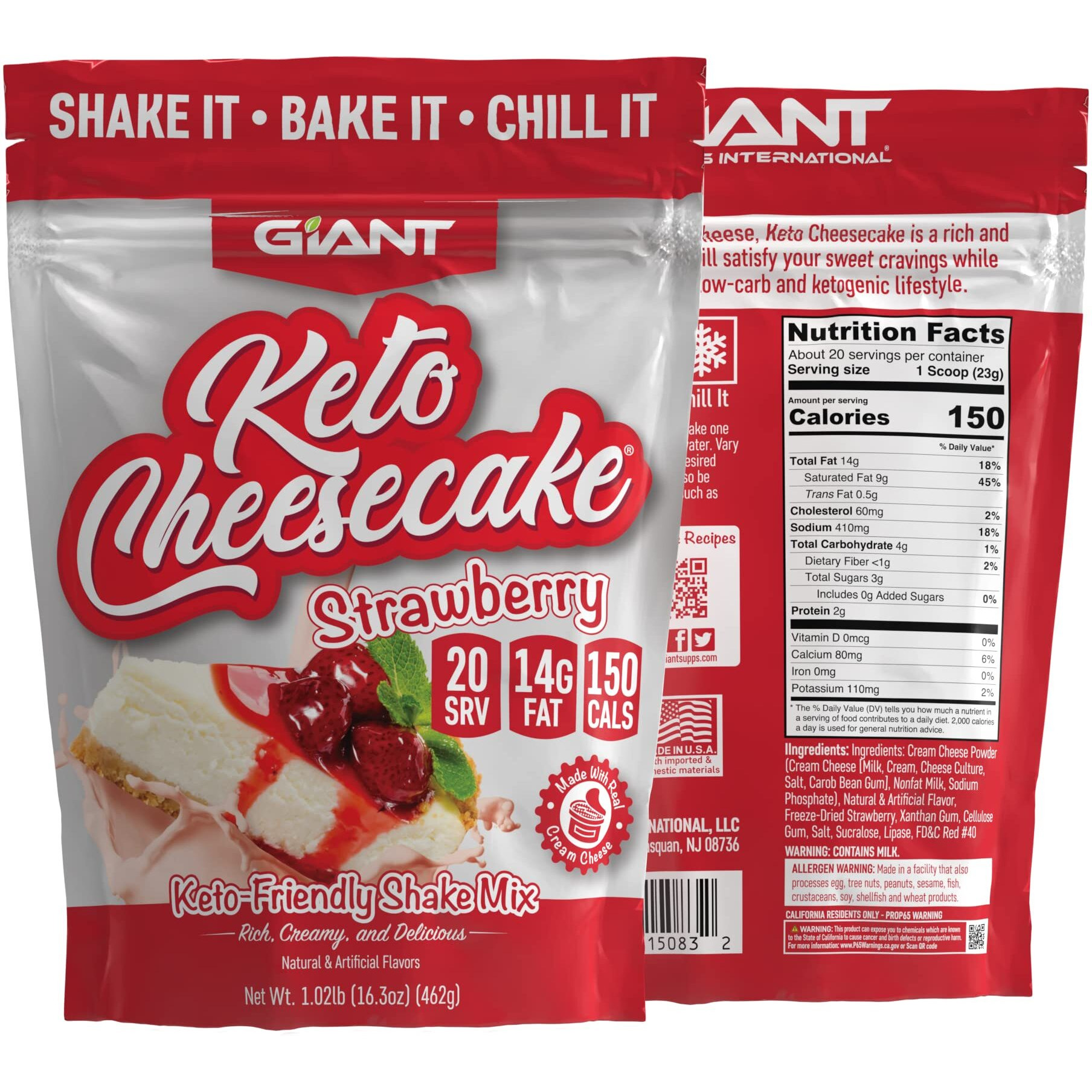 Giant Sports Keto Cheesecake Shake Mix - Delicious Low Carb, Ketogenic Diet Gluten Free Powder Mix - Works Great With Almond Milk - Strawberry (20 Serving Bag)