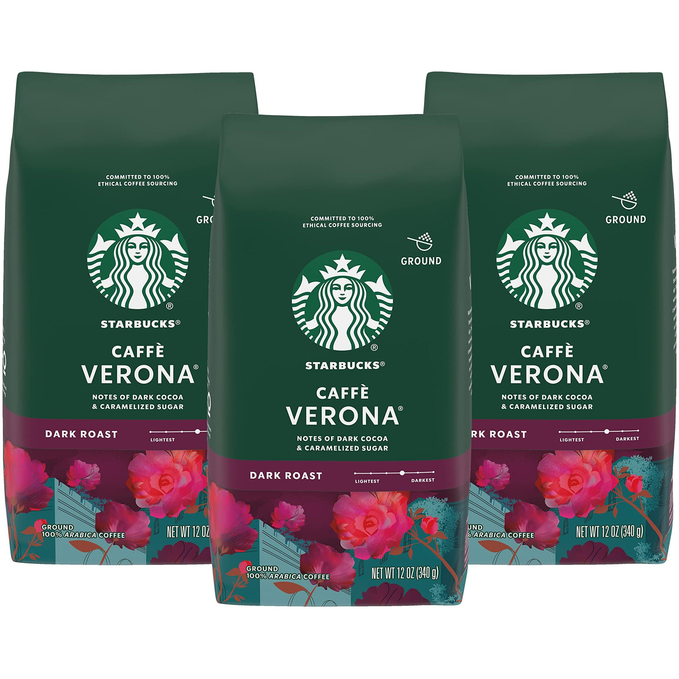 Starbucks Caffe Verona Coffee, Dark, Ground, 12-Ounce Bags (Pack Of 3)